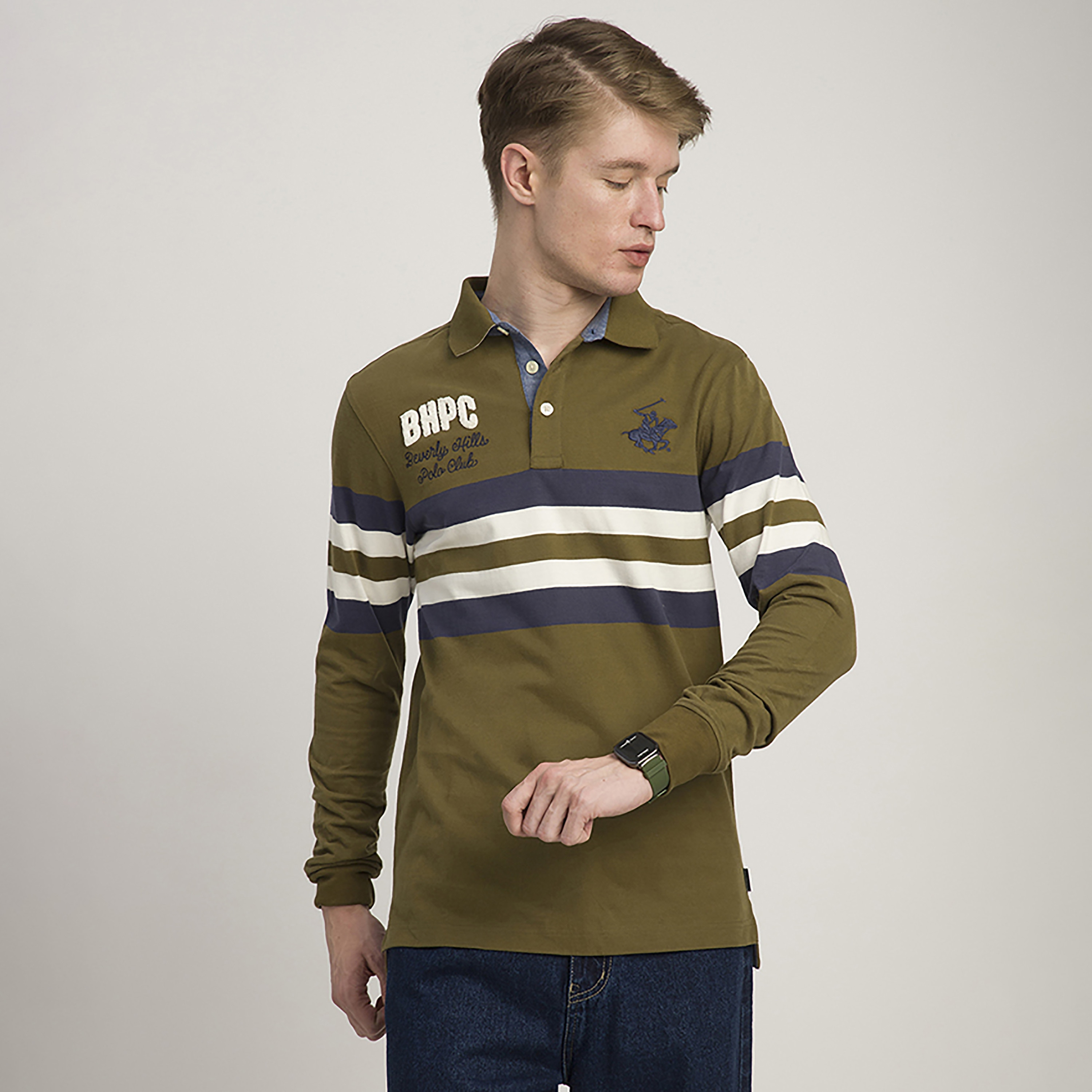 تيشيرت بولو رجالي مخطط بياقة وأكمام طويلة من بيفرلي هيلز بولو كلوب-men-clothing-tshirtsandpolos-polos-image-1