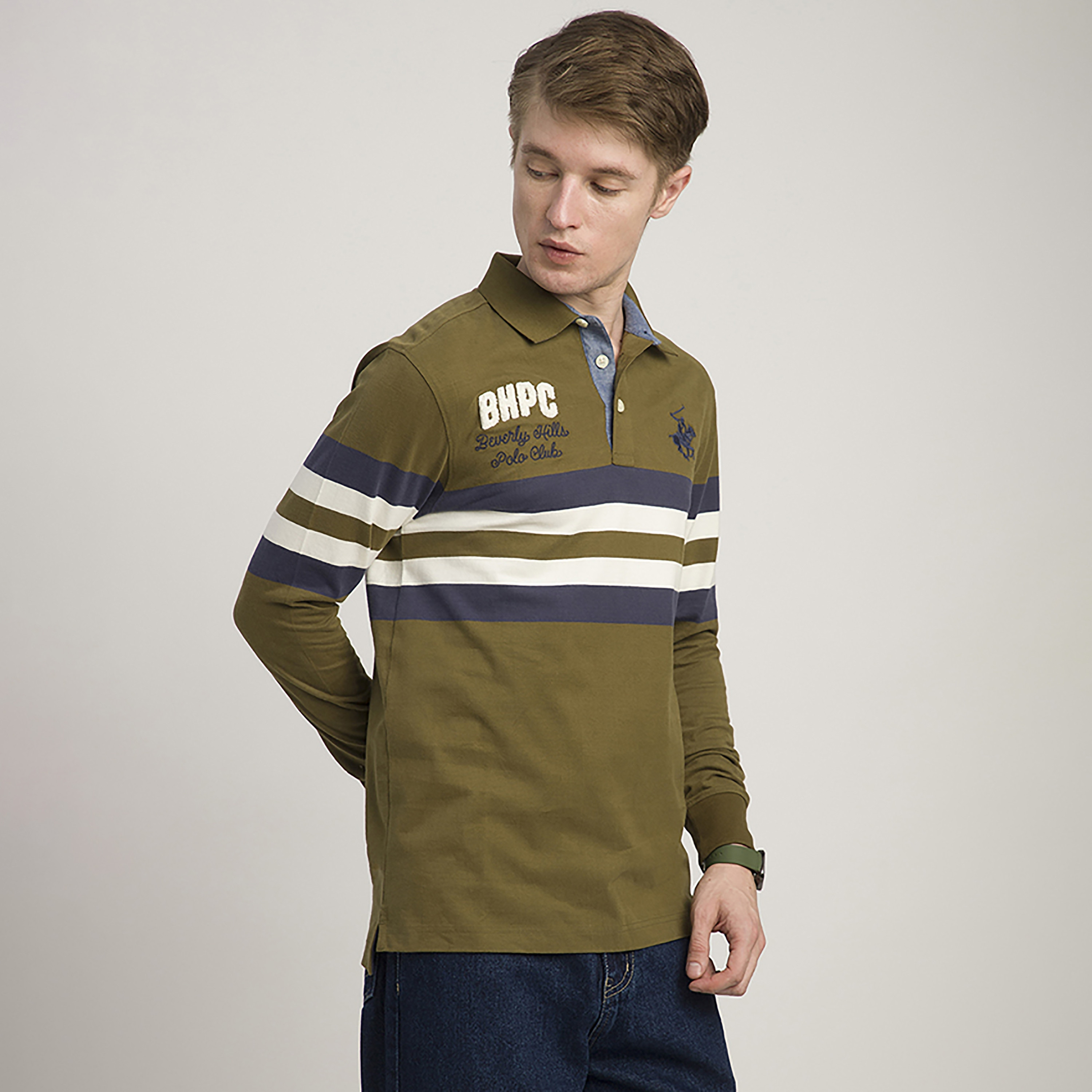 تيشيرت بولو رجالي مخطط بياقة وأكمام طويلة من بيفرلي هيلز بولو كلوب-men-clothing-tshirtsandpolos-polos-image-3