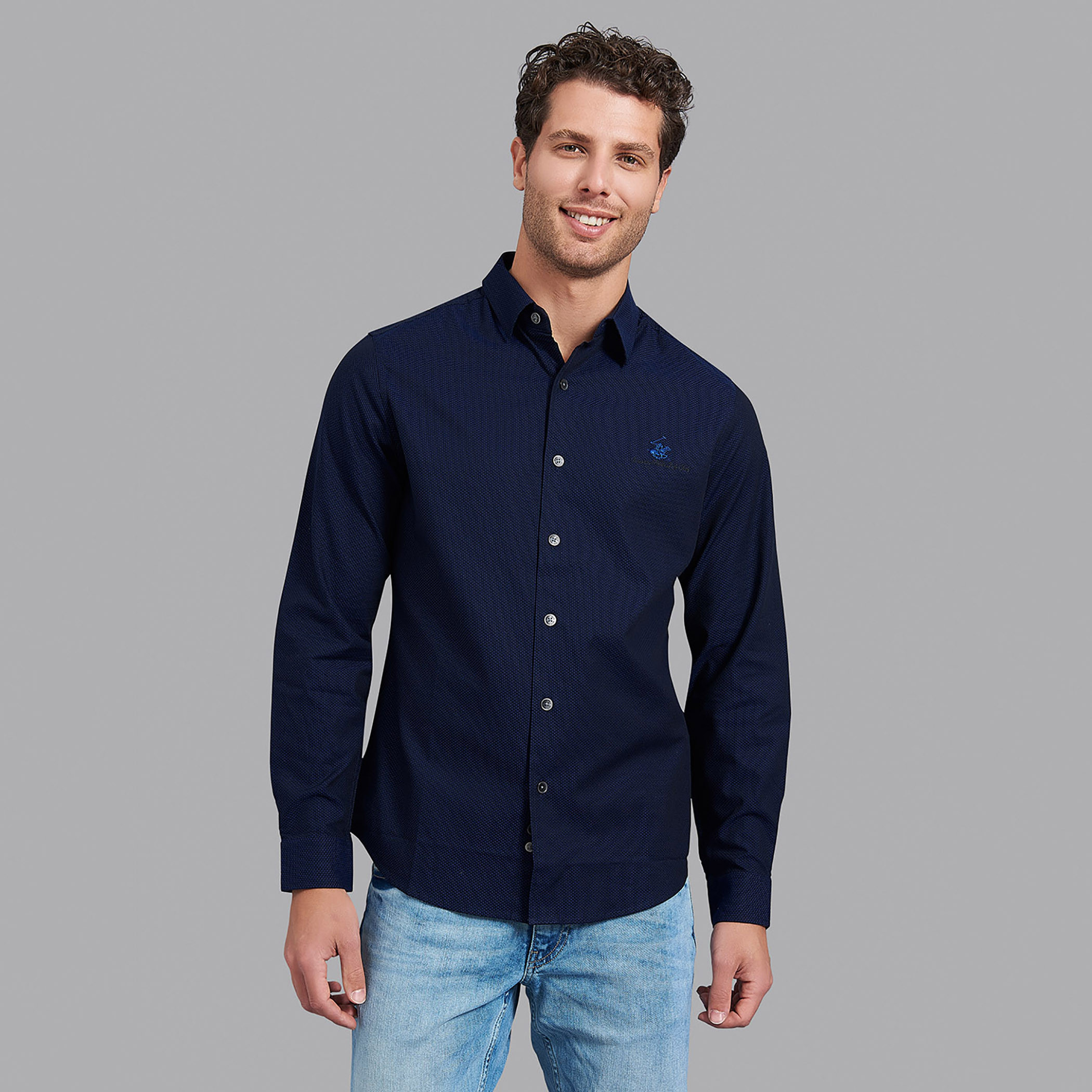 قميص بيفرلي هيلز بولو كلب رجالي أزرق كحلي وأكمام طويلة بياقة-men-clothing-shirts-image-1