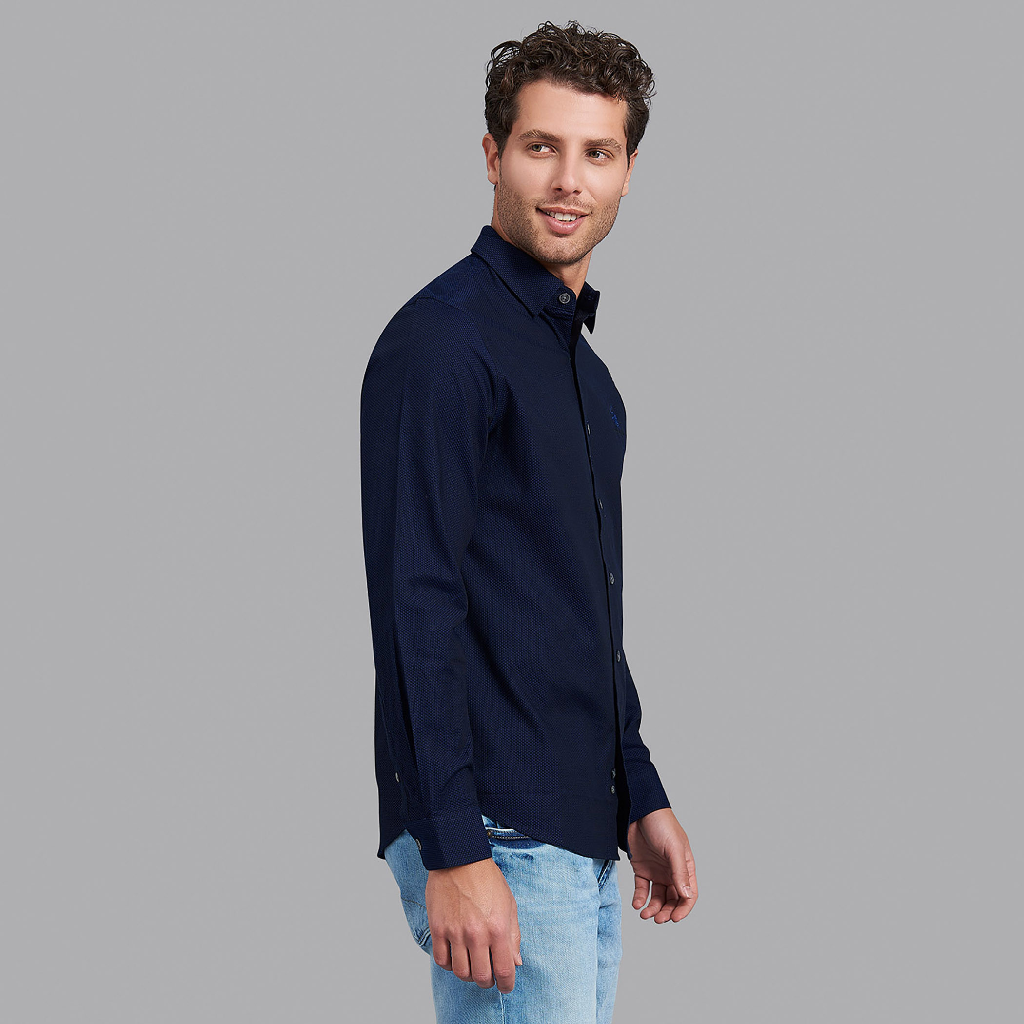 قميص بيفرلي هيلز بولو كلب رجالي أزرق كحلي وأكمام طويلة بياقة-men-clothing-shirts-image-4