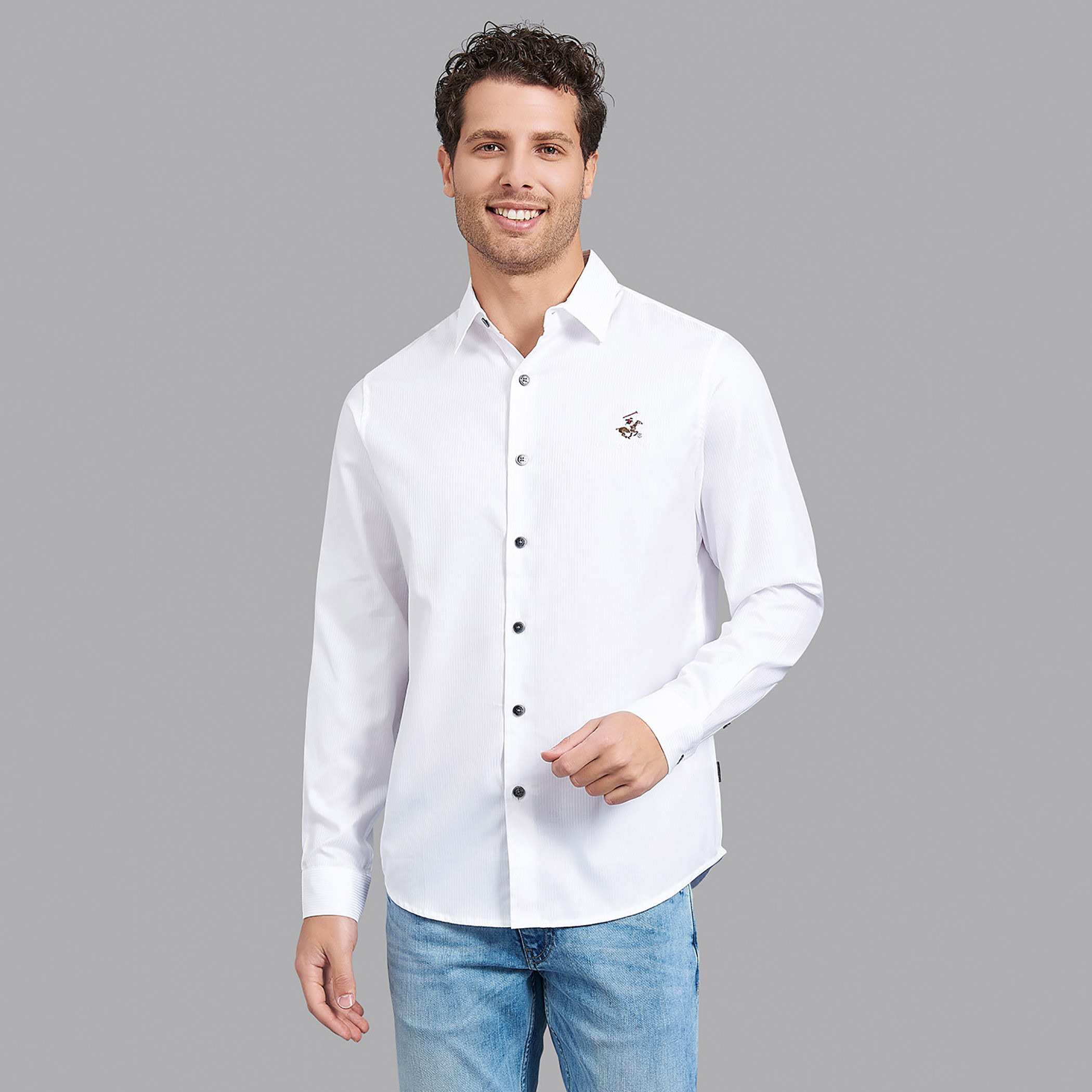 قميص بيفرلي هيلزبولو كلب بياقة وأكمام طويلة منسوج أبيض للرجال-men-clothing-shirts-image-1