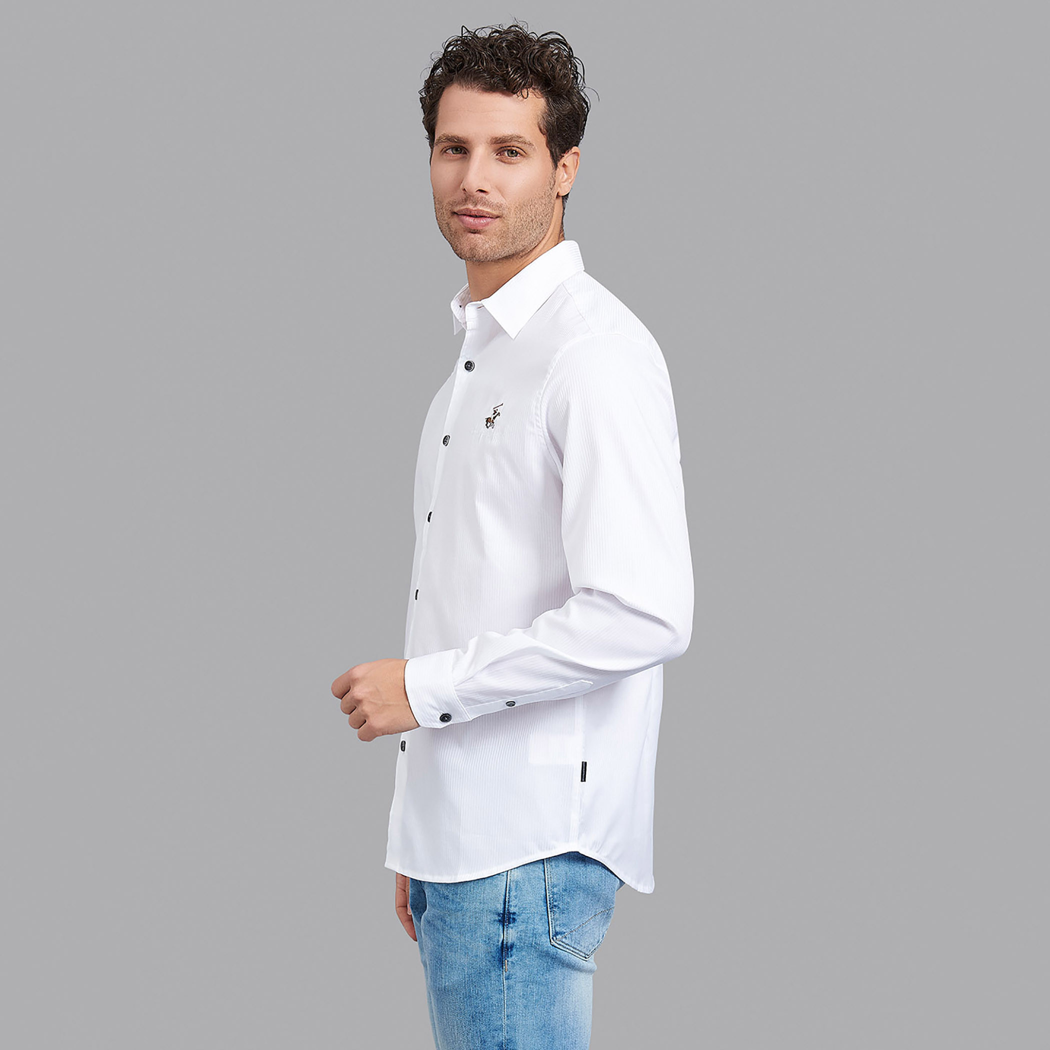قميص بيفرلي هيلزبولو كلب بياقة وأكمام طويلة منسوج أبيض للرجال-men-clothing-shirts-image-3