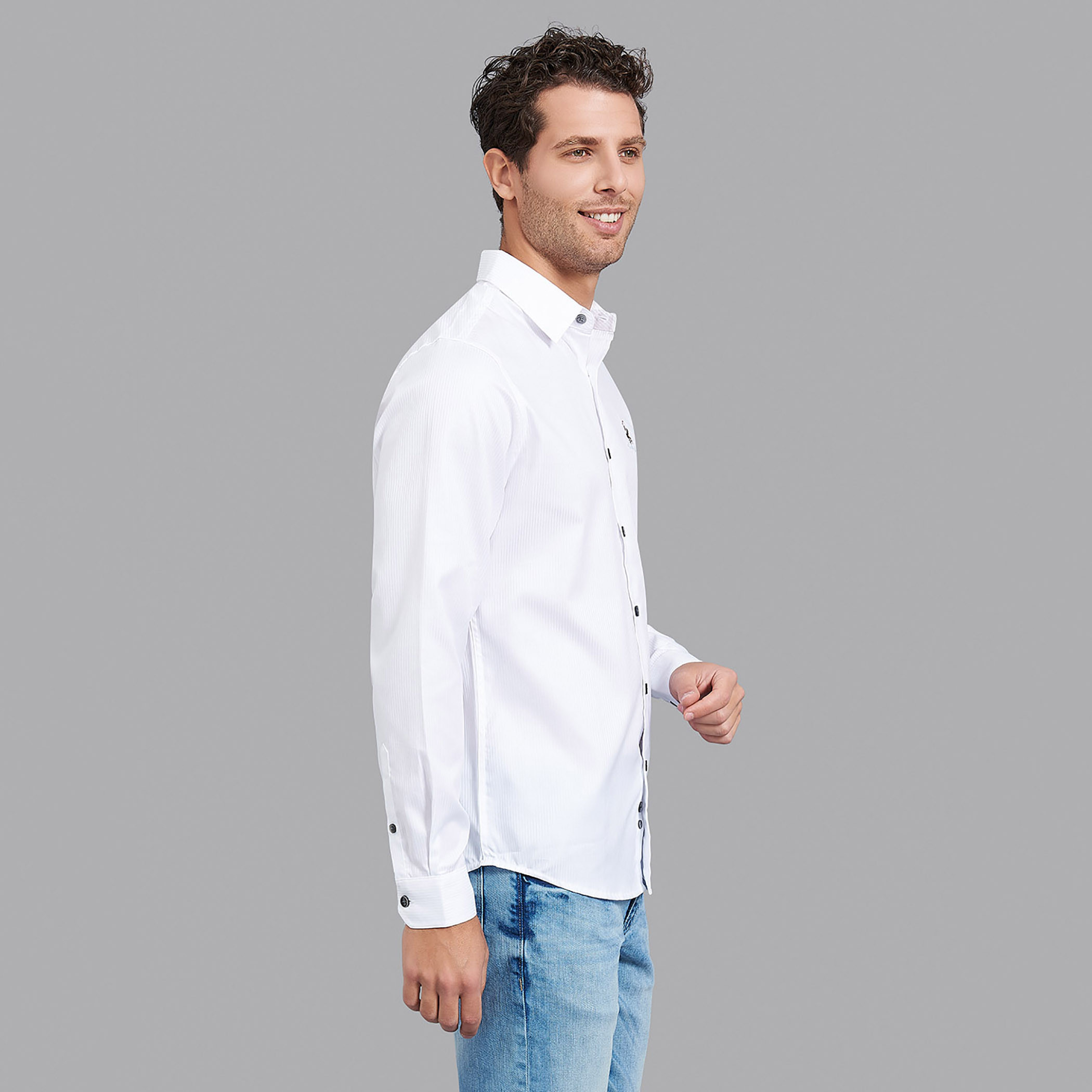 قميص بيفرلي هيلزبولو كلب بياقة وأكمام طويلة منسوج أبيض للرجال-men-clothing-shirts-image-4