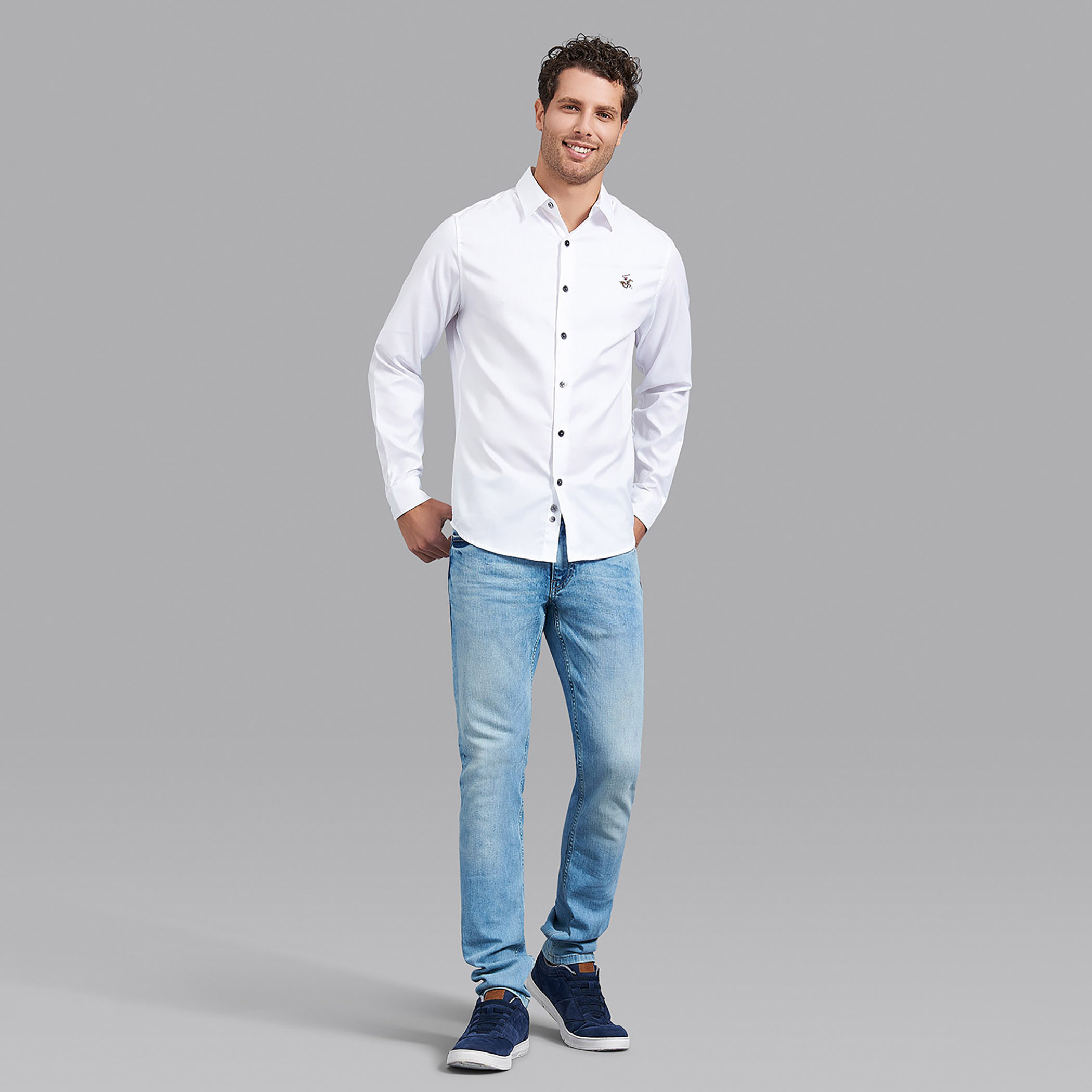 قميص بيفرلي هيلزبولو كلب بياقة وأكمام طويلة منسوج أبيض للرجال-men-clothing-shirts-image-7