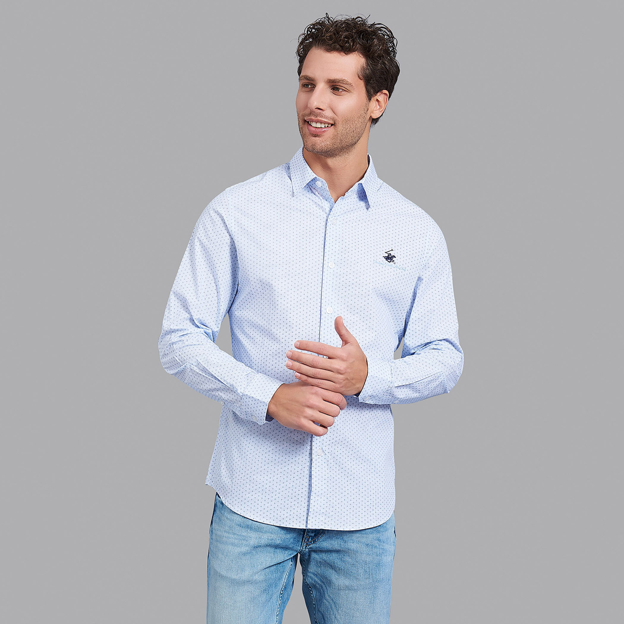 قميص بيفرلي هيلزبولو كلب بياقة وأكمام طويلة مطبوع أزرق فاتح للرجال-men-clothing-shirts-image-1
