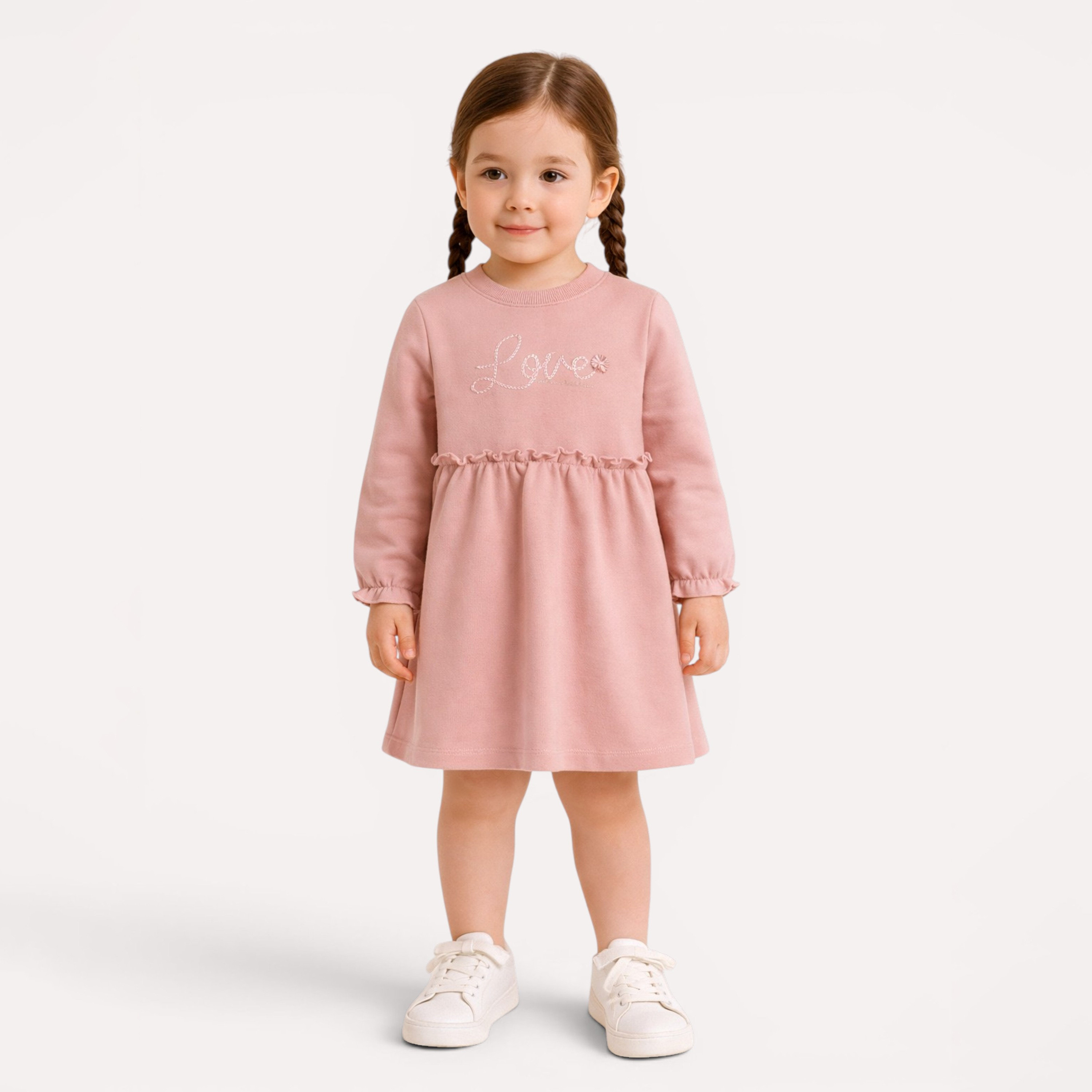 فستان بأكمام طويلة وخصر مزين بكشكشة من ديركجي-baby-girls-clothing-dressesandjumpsuits-image-1