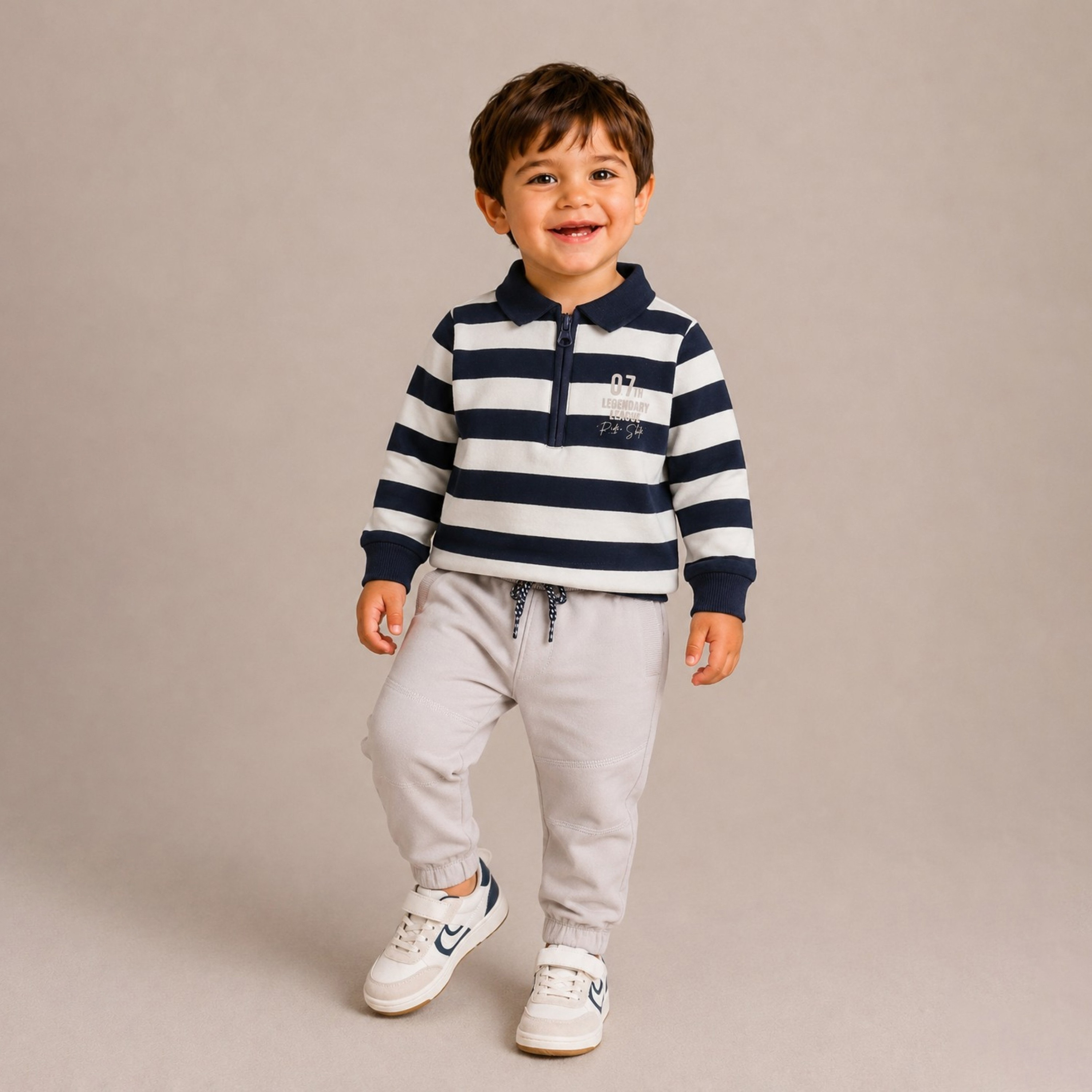 طقم تي شيرت مخطط بياقة وأكمام طويلة وبنطال جوجر من ديركجي-boys-clothing-setsandcoords-image-1