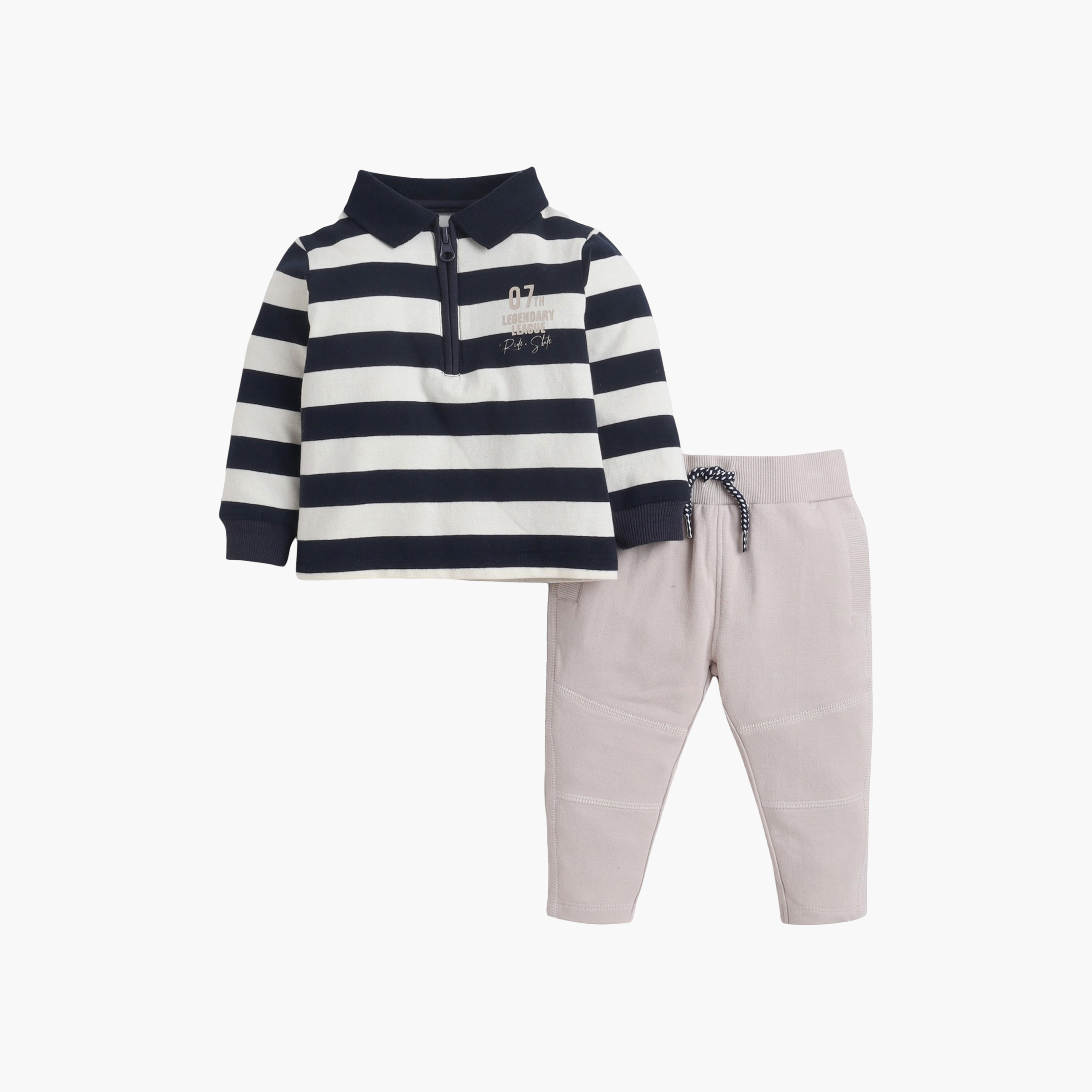 طقم تي شيرت مخطط بياقة وأكمام طويلة وبنطال جوجر من ديركجي-boys-clothing-setsandcoords-image-5