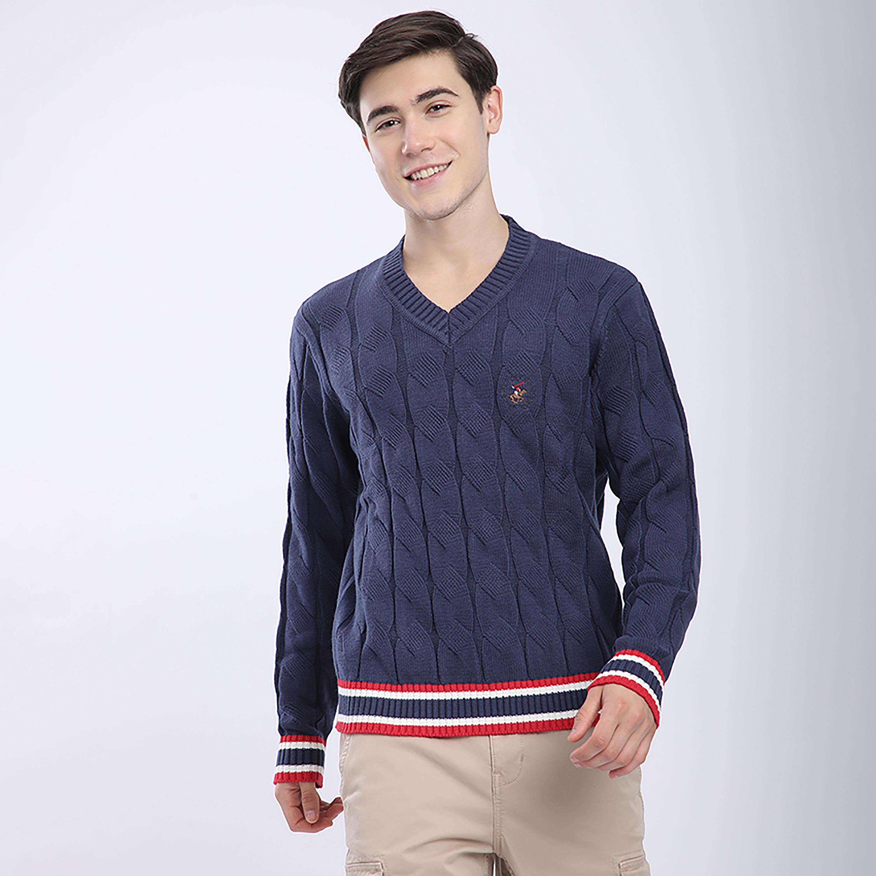 Beverly Hills Polo Club Cable Knitted V-Neck Long Sleeves Men's Pullover-men-clothing-sweatersandpullovers-image-6