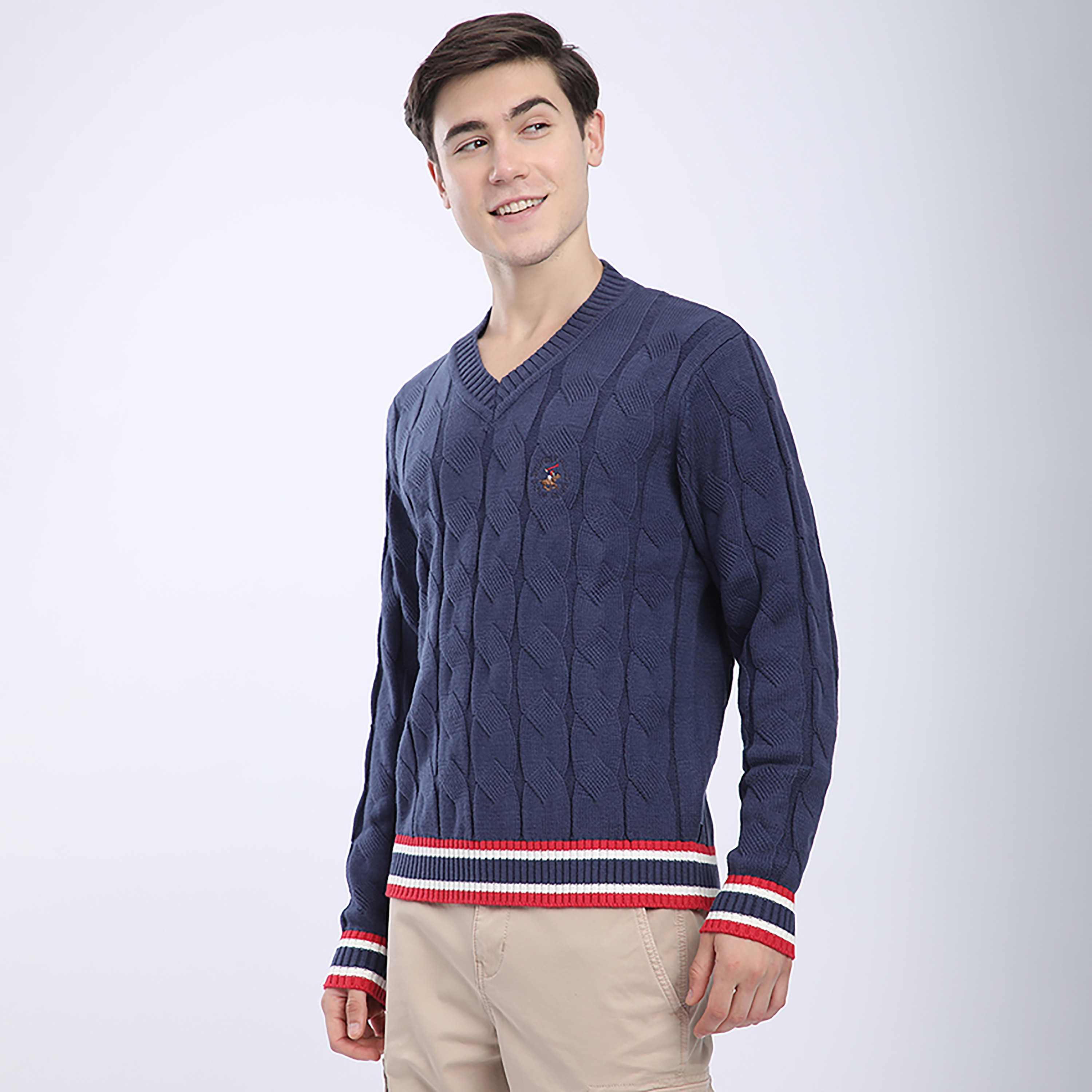 Beverly Hills Polo Club Cable Knitted V-Neck Long Sleeves Men's Pullover-men-clothing-sweatersandpullovers-image-2