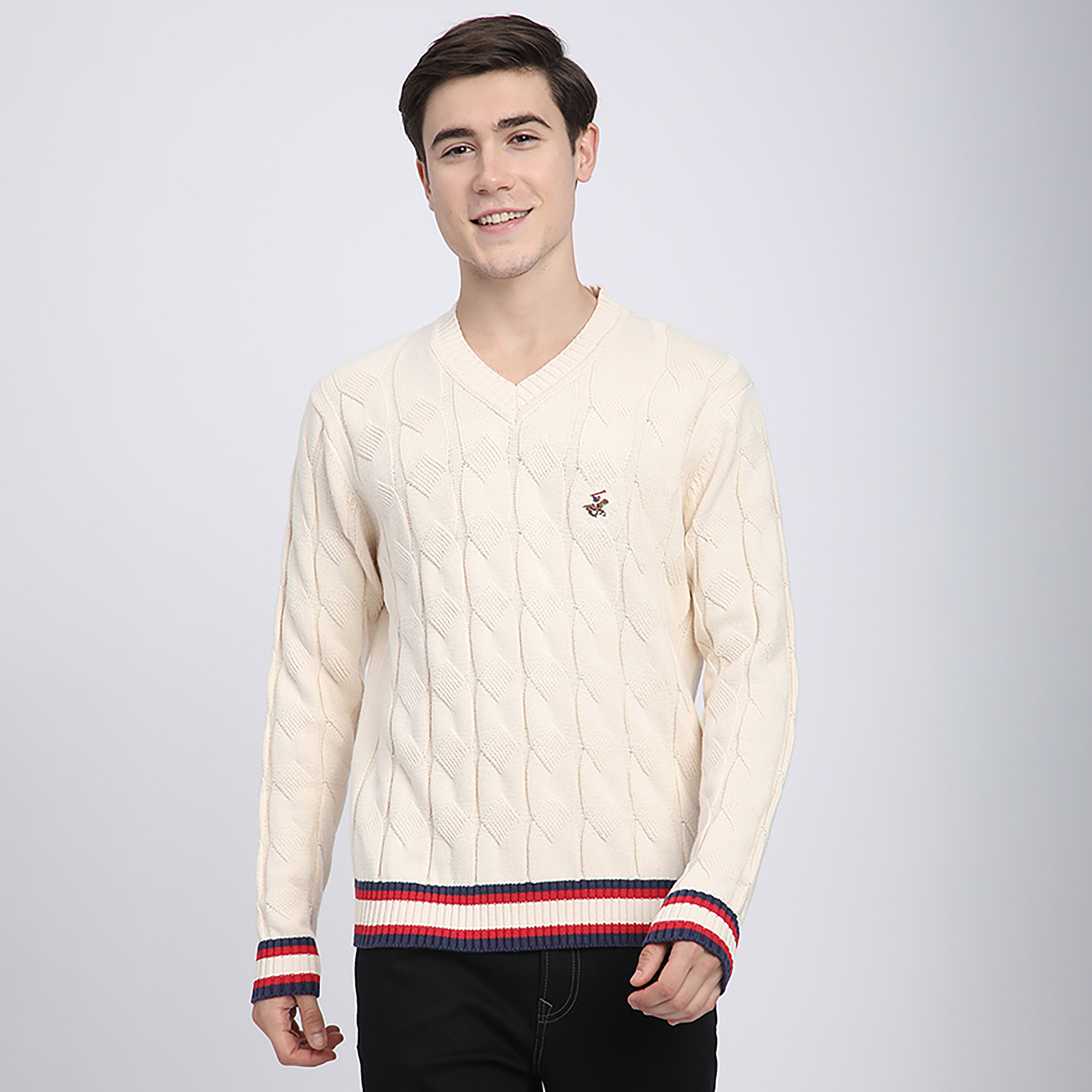 Beverly Hills Polo Club Cable Knitted V-Neck Long Sleeves Men's Pullover-men-clothing-sweatersandpullovers-image-1