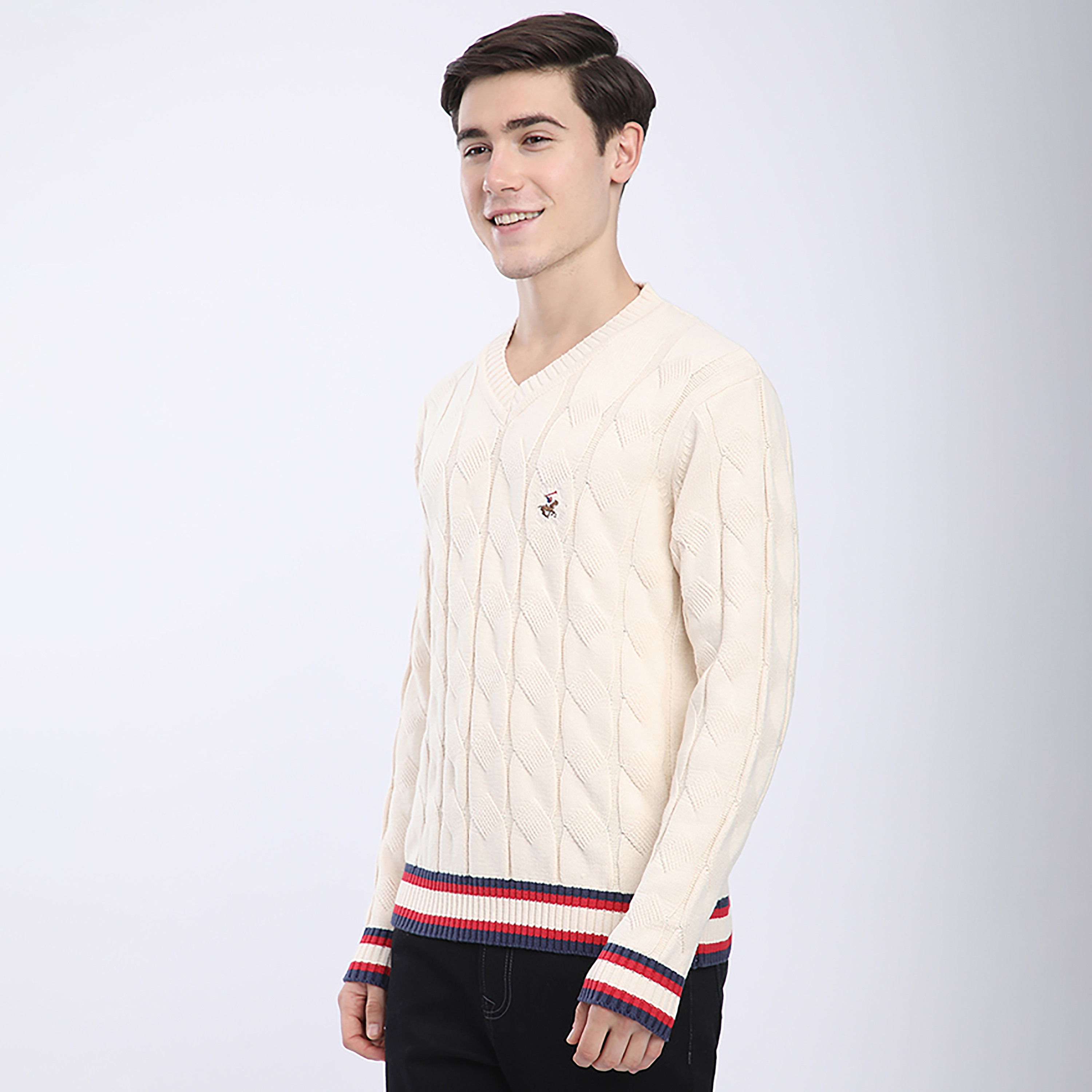 Beverly Hills Polo Club Cable Knitted V-Neck Long Sleeves Men's Pullover-men-clothing-sweatersandpullovers-image-2