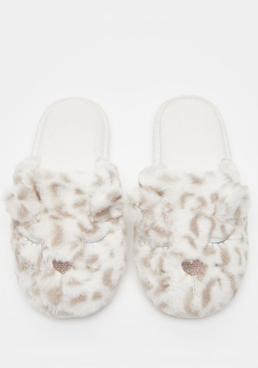 Animal Print Plush Bedroom Slide Slippers with Ear Accents-Women%27s Bedroom Slippers-image-0