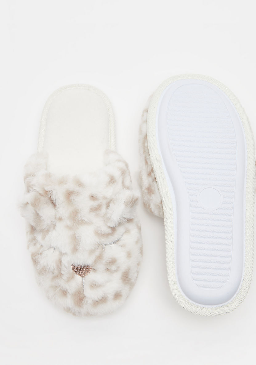 Animal Print Plush Bedroom Slide Slippers with Ear Accents-Women%27s Bedroom Slippers-image-5