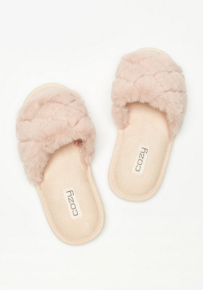 Fur Detail Slip-On Slides-Women%27s Bedroom Slippers-image-1