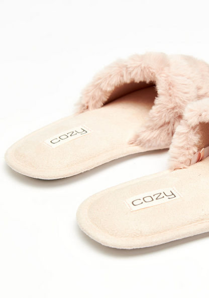 Fur Detail Slip-On Slides-Women%27s Bedroom Slippers-image-2