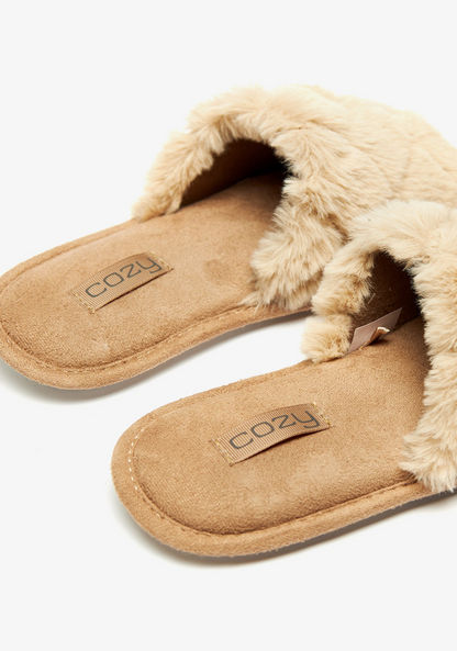 Fur Detail Slip-On Slides-Women%27s Bedroom Slippers-image-2