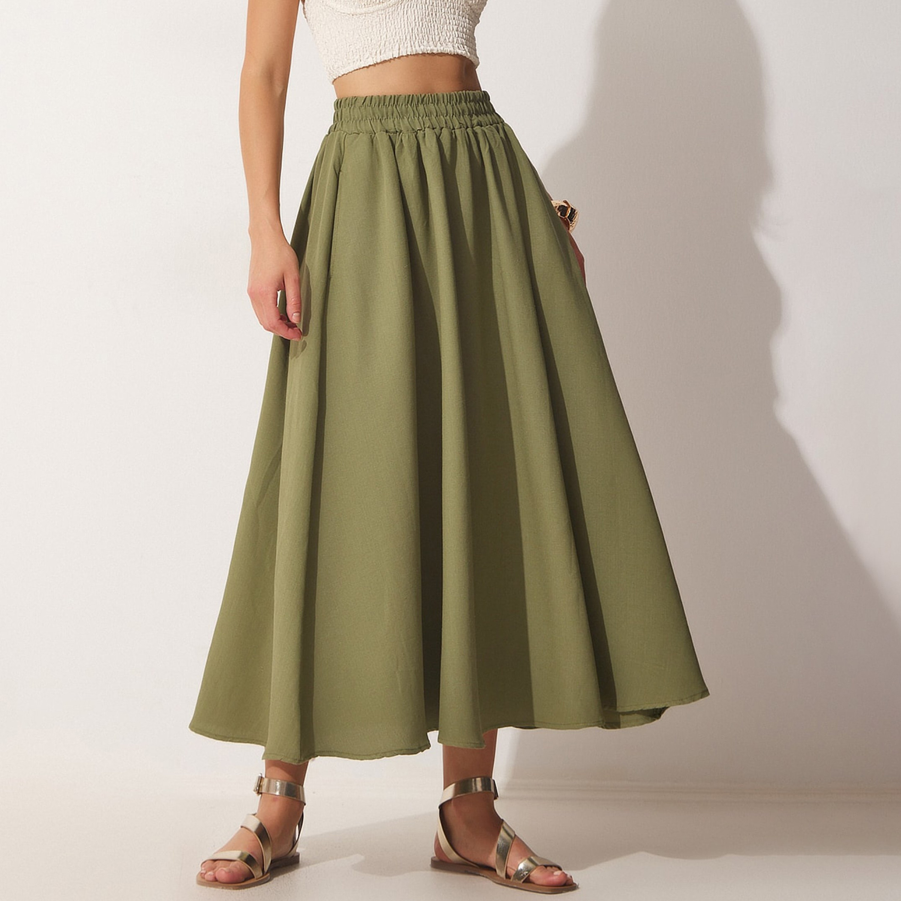 تنورة ماكسي واسعة من الكتان الأخضر من إسطنبول السعادة-women-clothing-bottoms-skirts-image-1