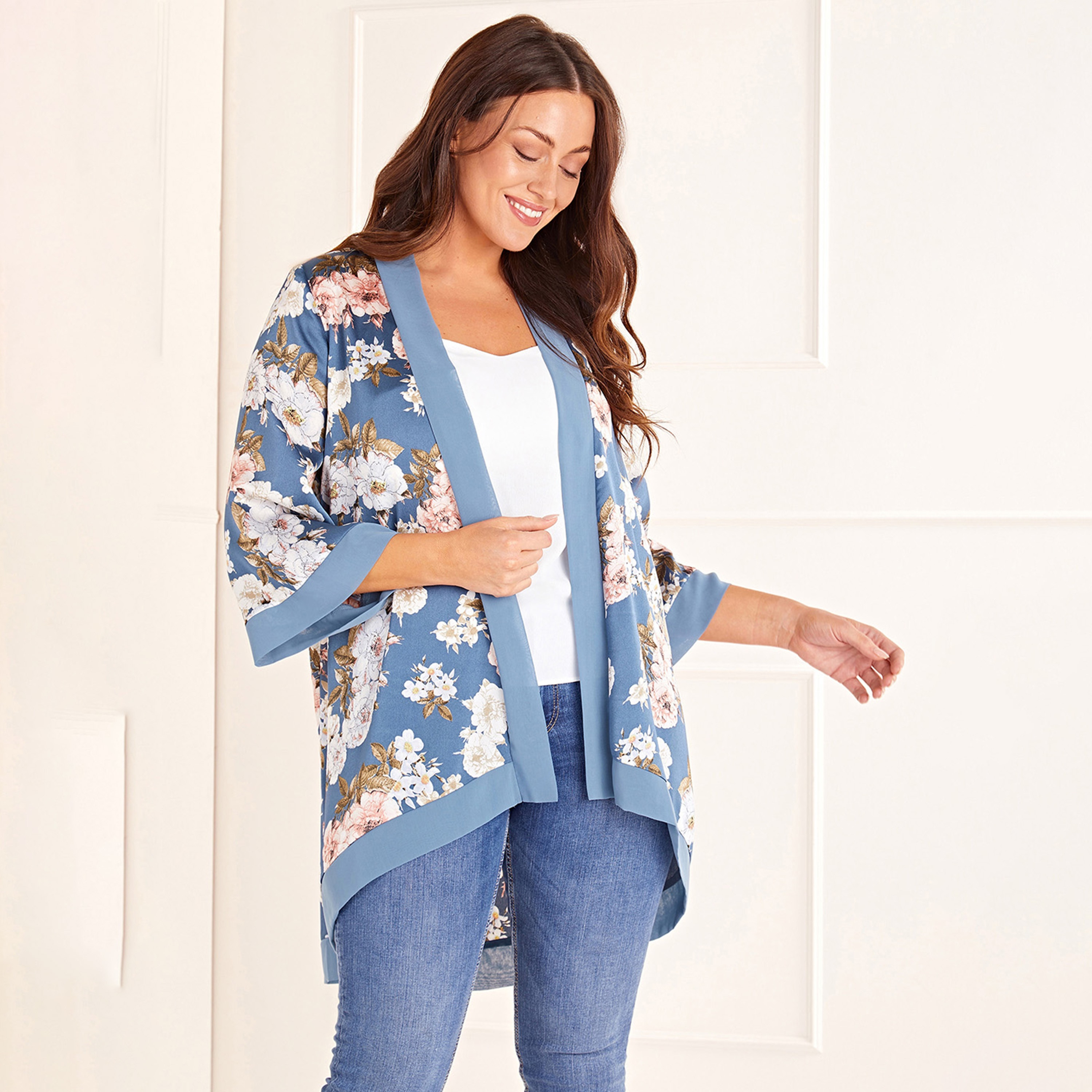 Mela London Floral Satin Short Length Women's Kimono-women-clothing-shirtsandblouses-blouses-image-1