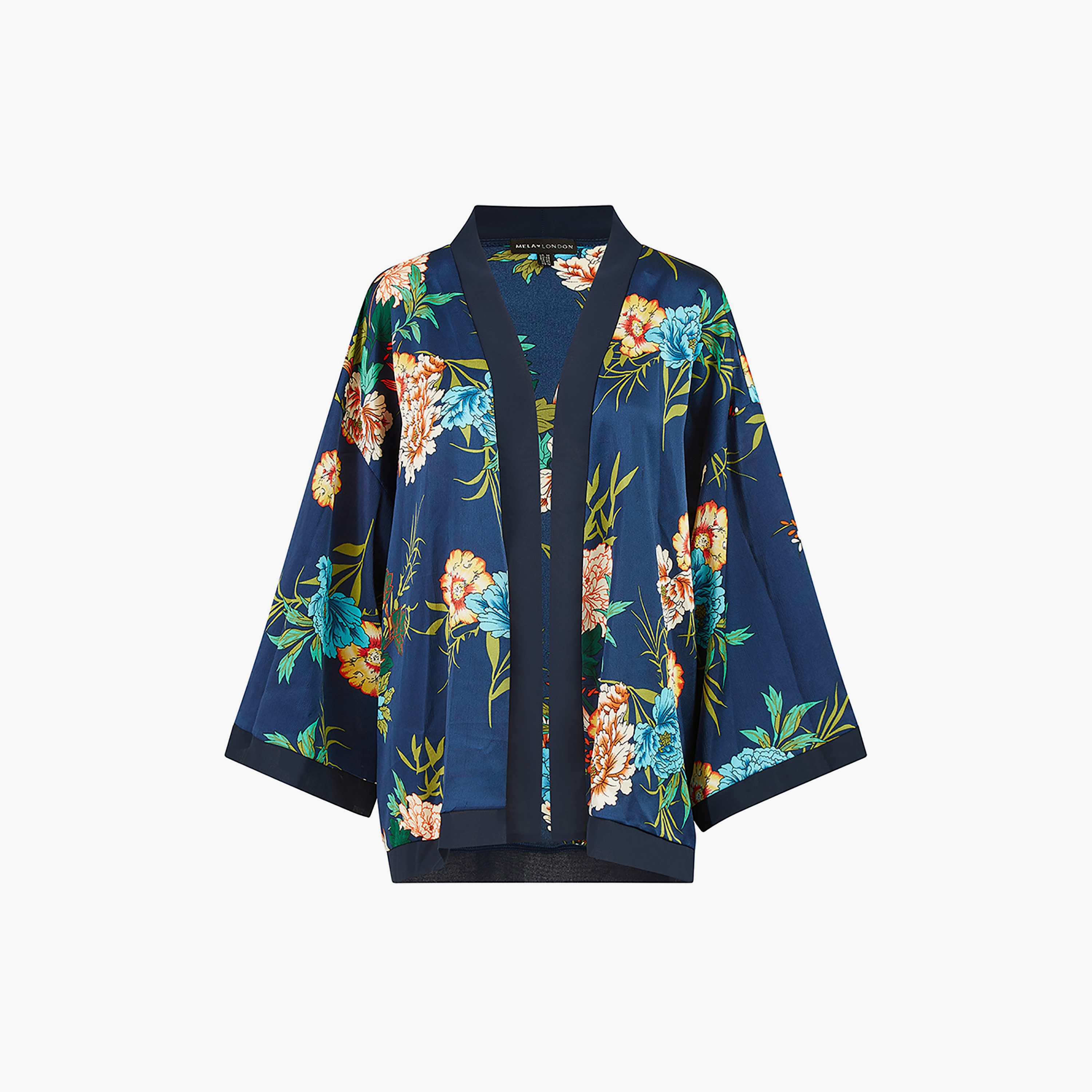 كيمونو نسائي من الساتان بطبعة زهور باللون الأزرق الداكن من ميلا لندن-women-clothing-shirtsandblouses-blouses-image-1