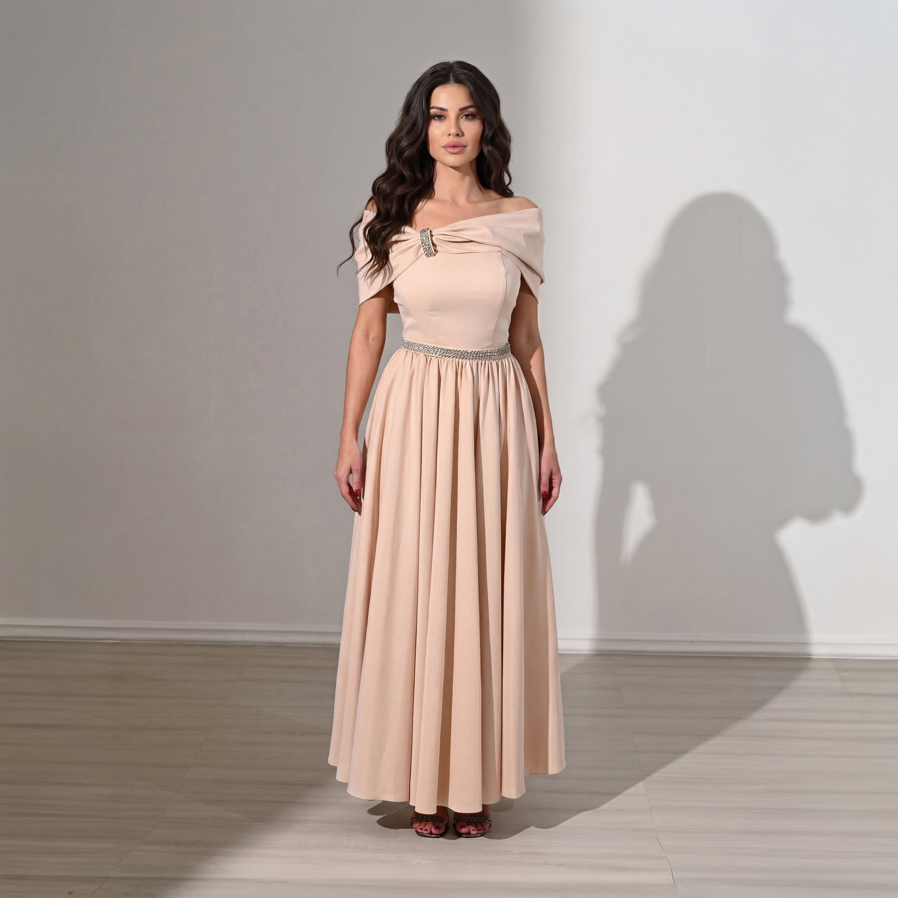 Akadia Rhinestone Detailed Taffeta Off-Shoulder Fit & Flared Evening Women's Maxi Dress-women-clothing-dresses-image-1