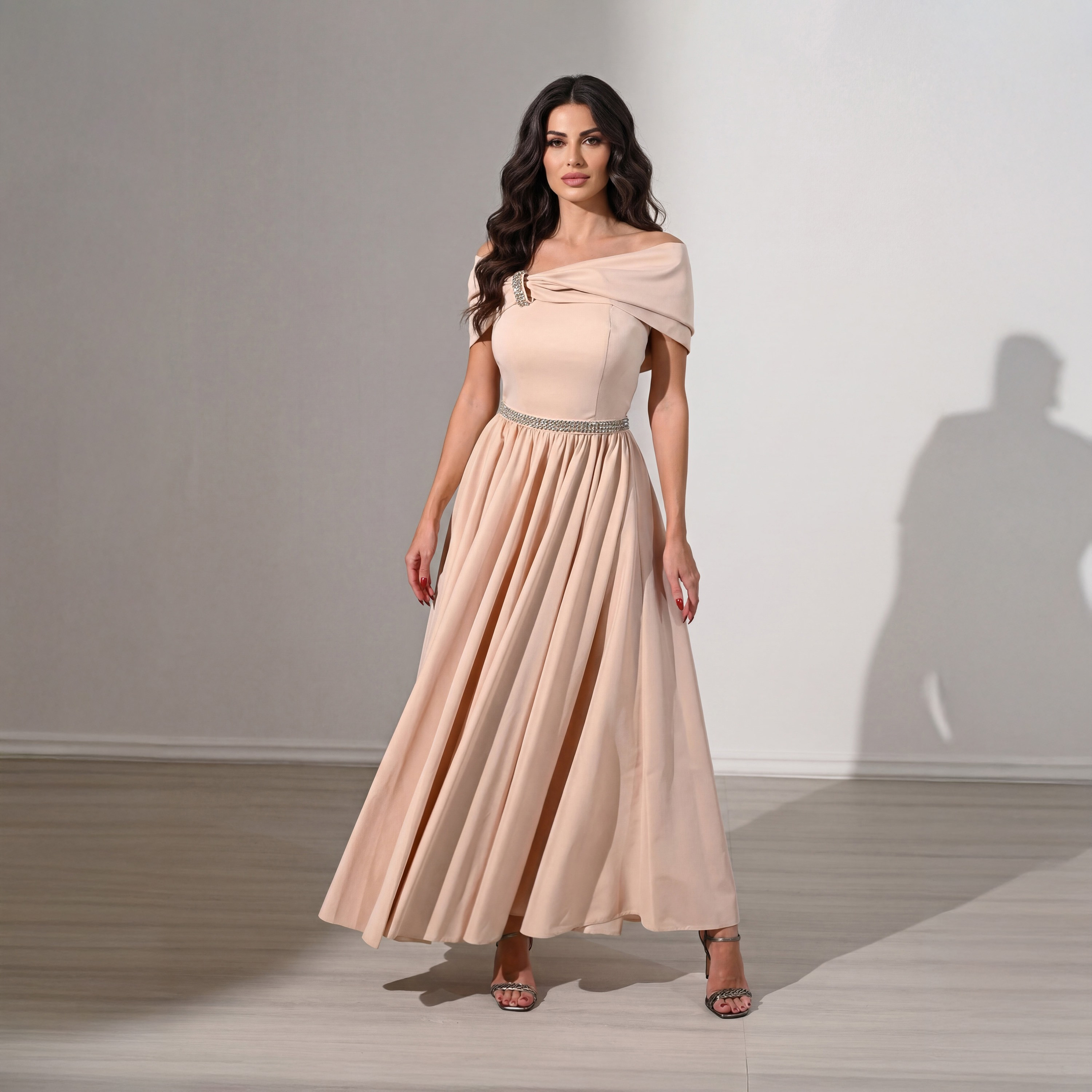 Akadia Rhinestone Detailed Taffeta Off-Shoulder Fit & Flared Evening Women's Maxi Dress-women-clothing-dresses-image-2