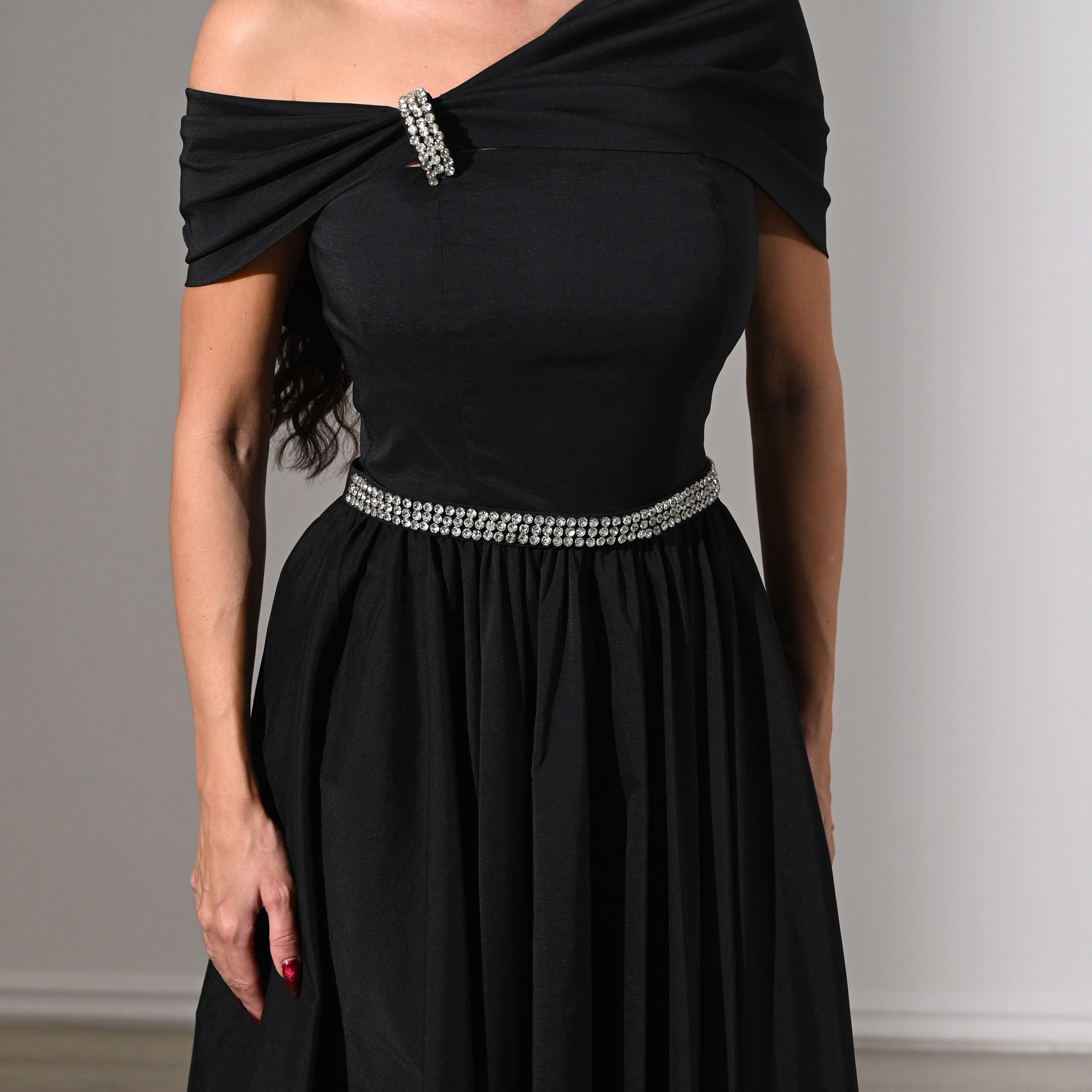 Akadia Rhinestone Detailed Taffeta Off-Shoulder Fit & Flared Evening Women's Maxi Dress-women-clothing-dresses-image-22