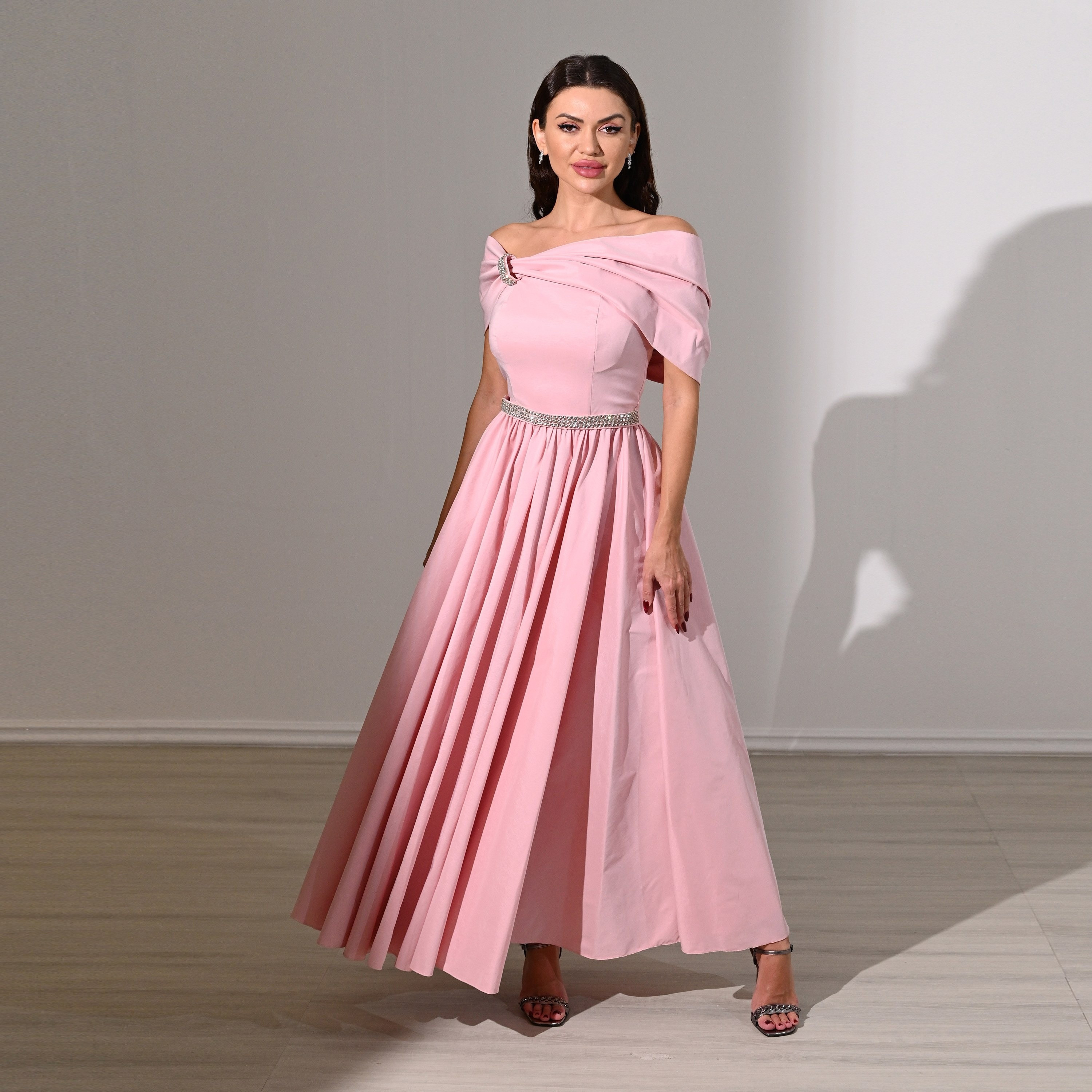 Akadia Rhinestone Detailed Taffeta Off-Shoulder Fit & Flared Evening Women's Maxi Dress-women-clothing-dresses-image-7