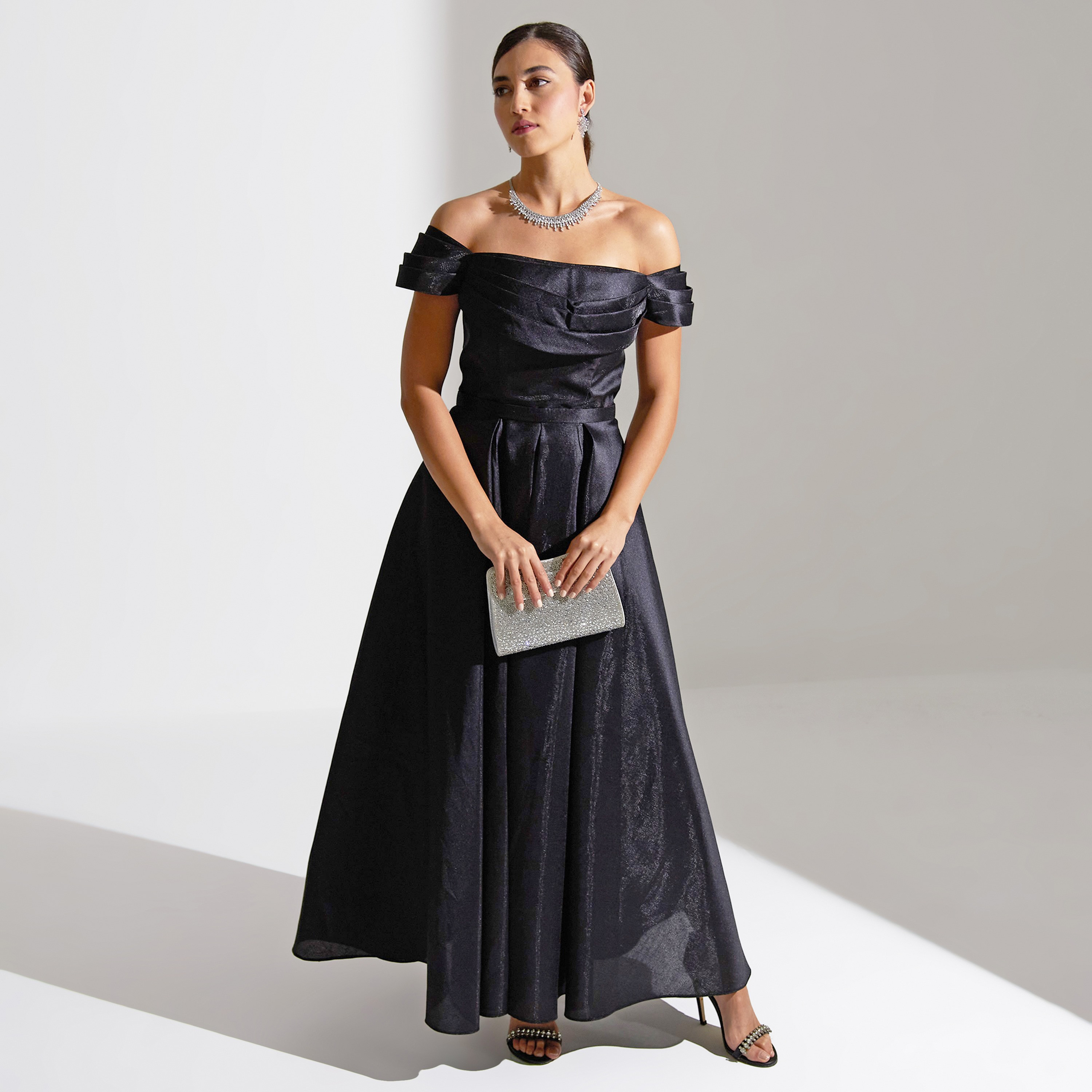 فستان سهرة ماكسي نسائي من أكاديا بتصميم طبقات مكشوفة الكتفين من قماش التفتا-women-clothing-dresses-image-2