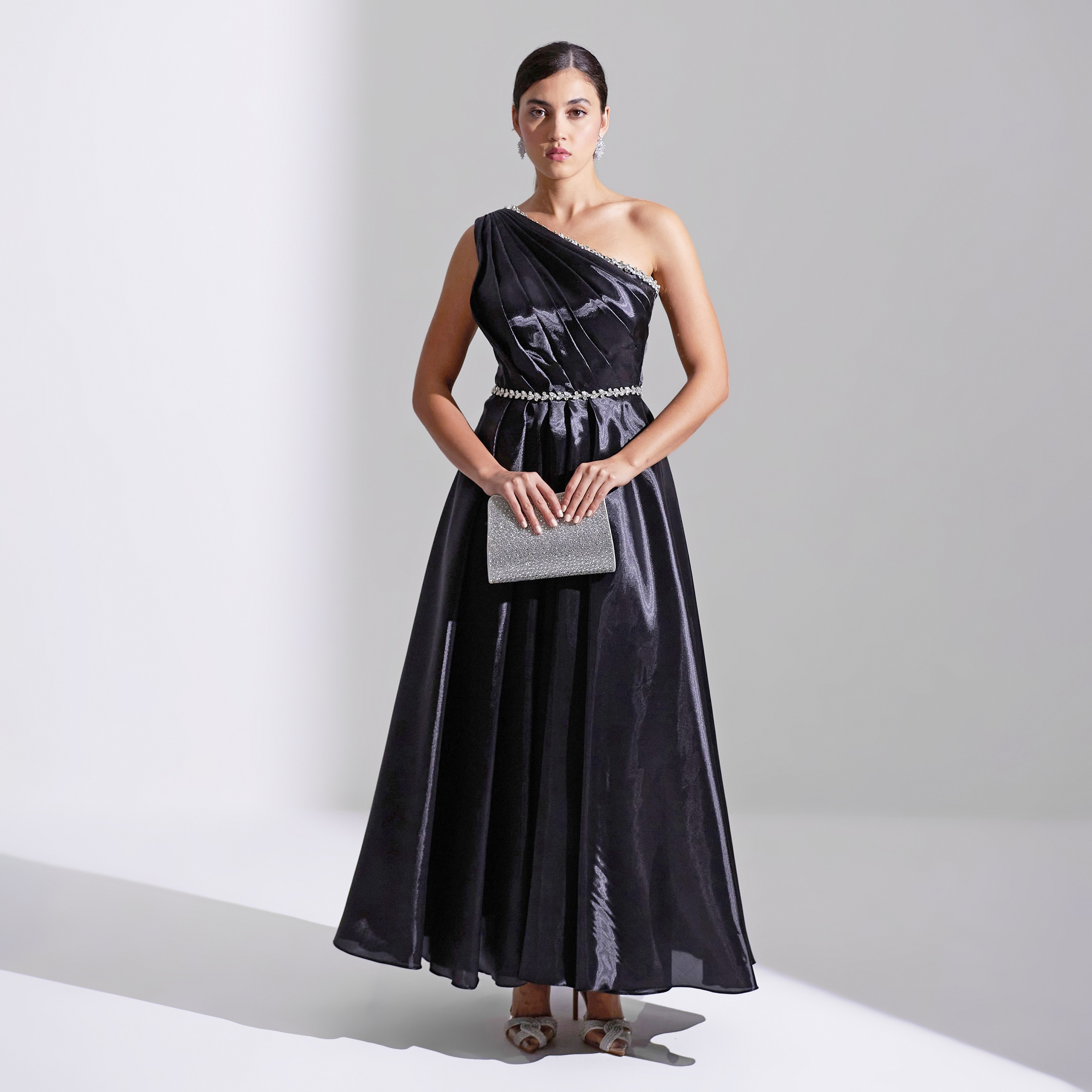 Akadia Front Draped Crystal Detail Organza Evening Women's Maxi Dress-women-clothing-dresses-image-2