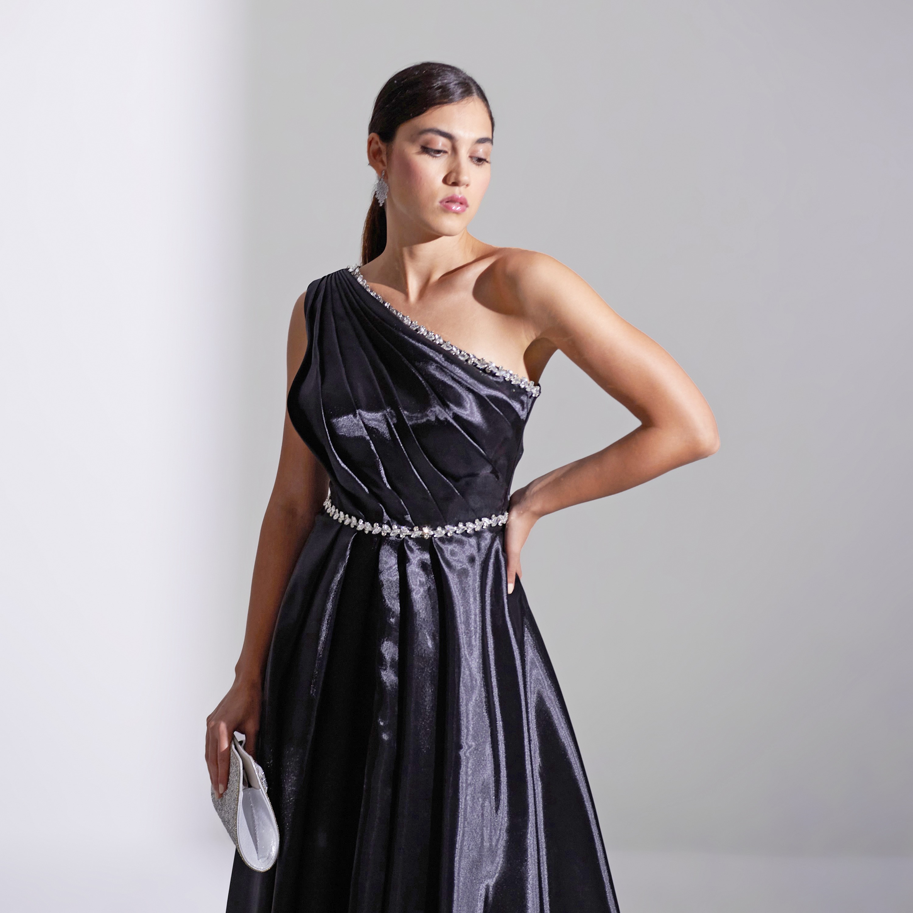 Akadia Front Draped Crystal Detail Organza Evening Women's Maxi Dress-women-clothing-dresses-image-4