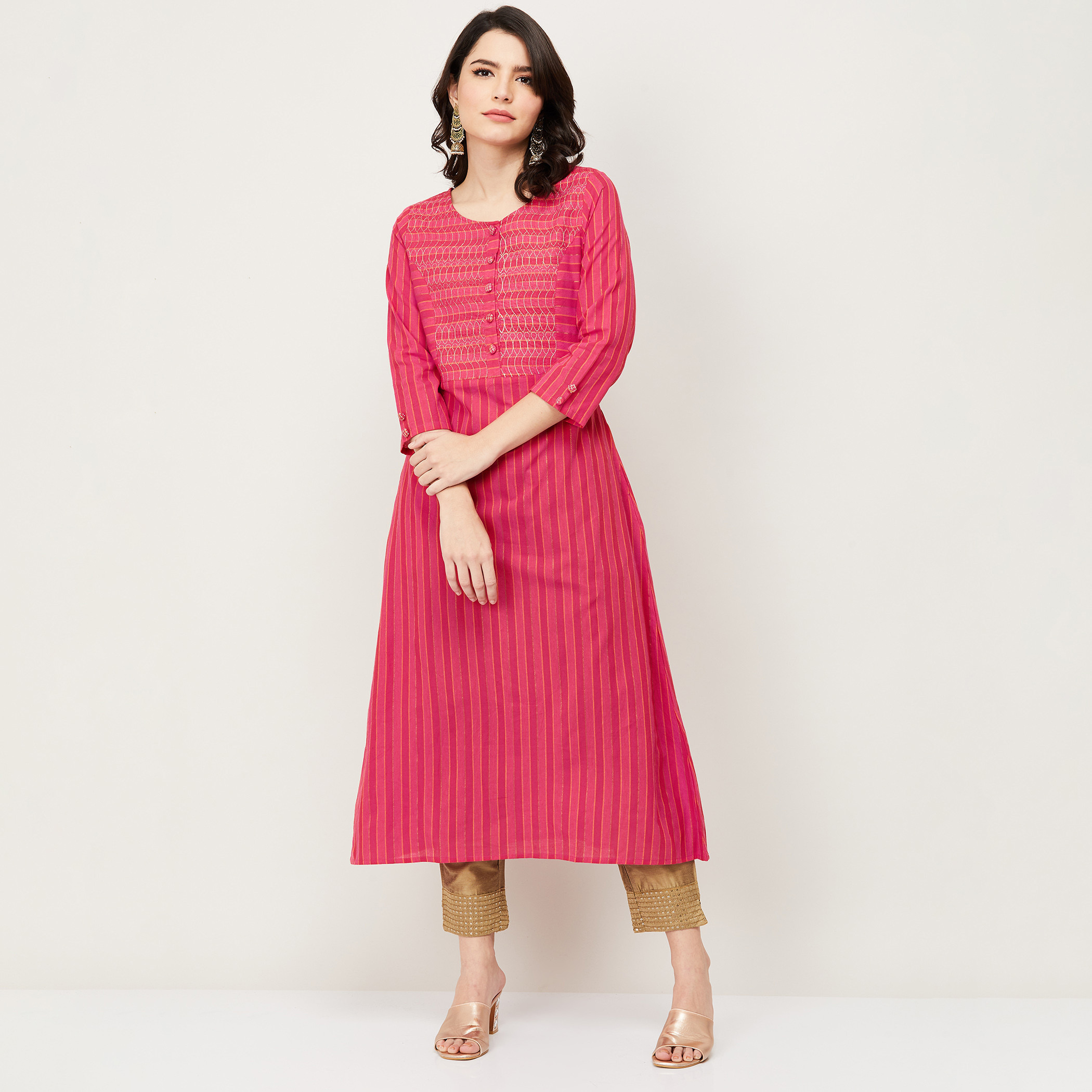 كورتا مقلمة بياقة مستديرة وأكمام 3/4 وجيوب من ميلانج-women-clothing-ethnicwear-kurtas-image-1