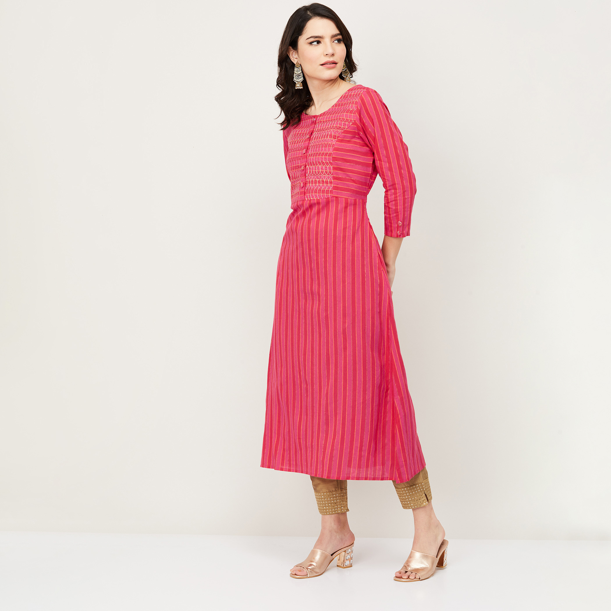 كورتا مقلمة بياقة مستديرة وأكمام 3/4 وجيوب من ميلانج-women-clothing-ethnicwear-kurtas-image-3
