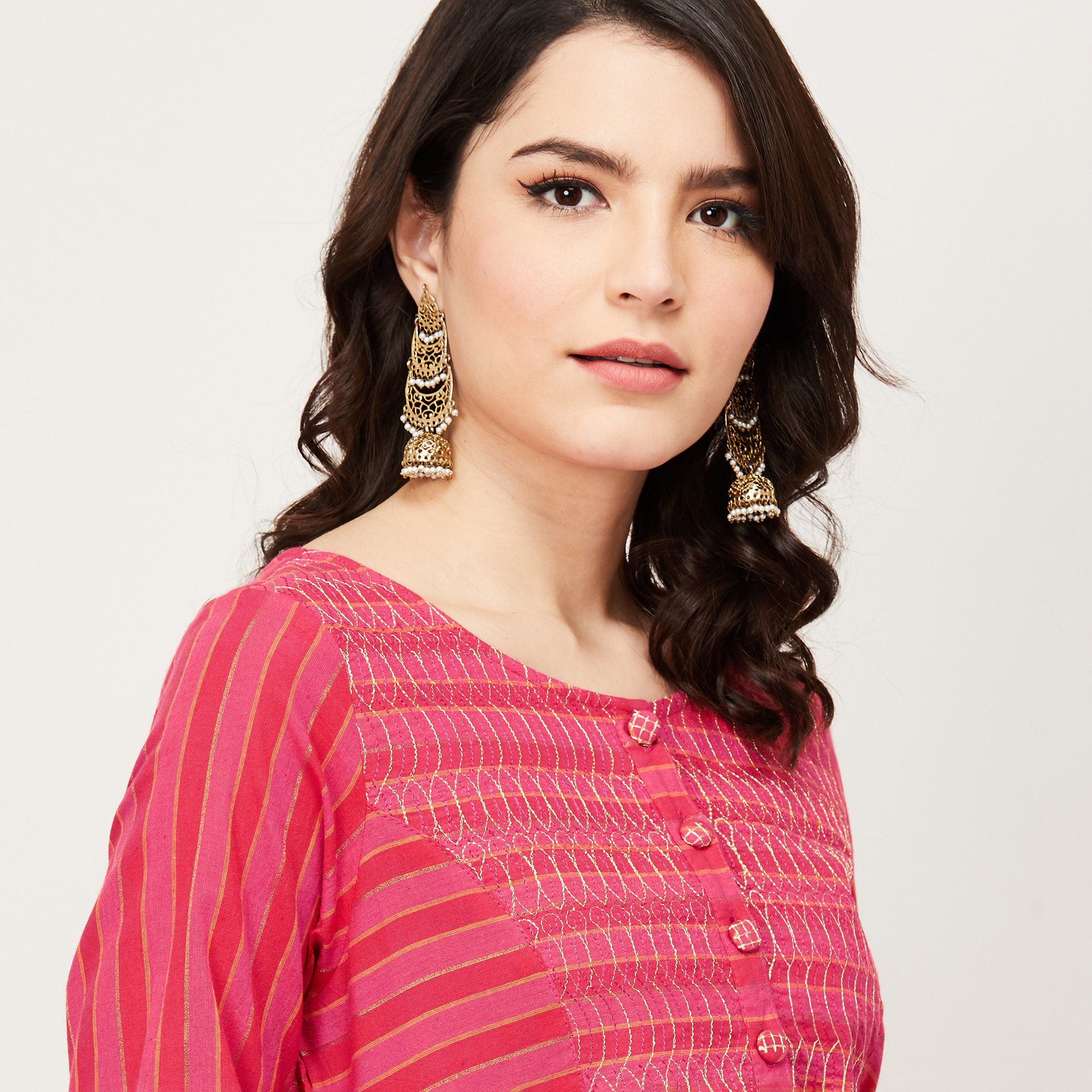 كورتا مقلمة بياقة مستديرة وأكمام 3/4 وجيوب من ميلانج-women-clothing-ethnicwear-kurtas-image-4