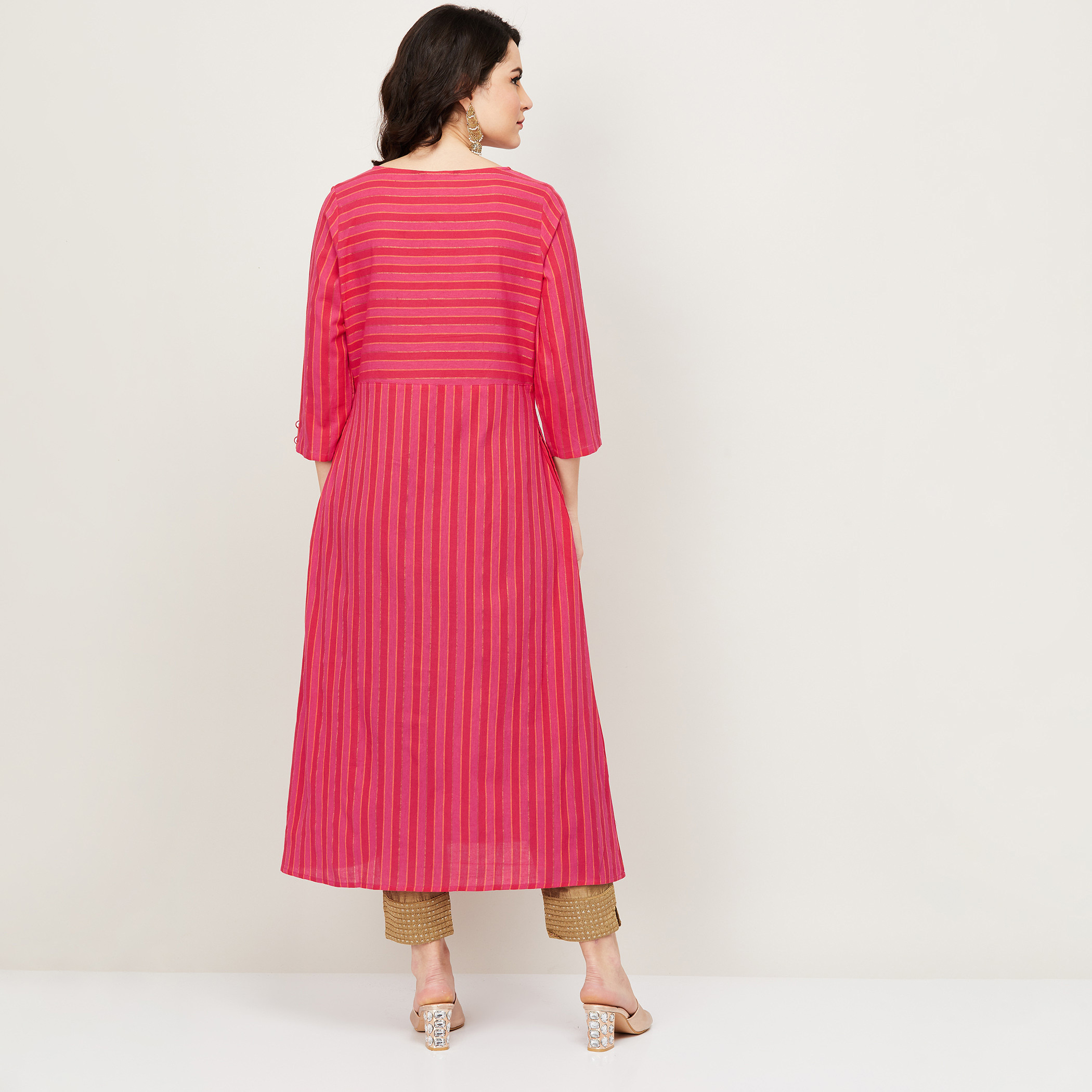 كورتا مقلمة بياقة مستديرة وأكمام 3/4 وجيوب من ميلانج-women-clothing-ethnicwear-kurtas-image-5
