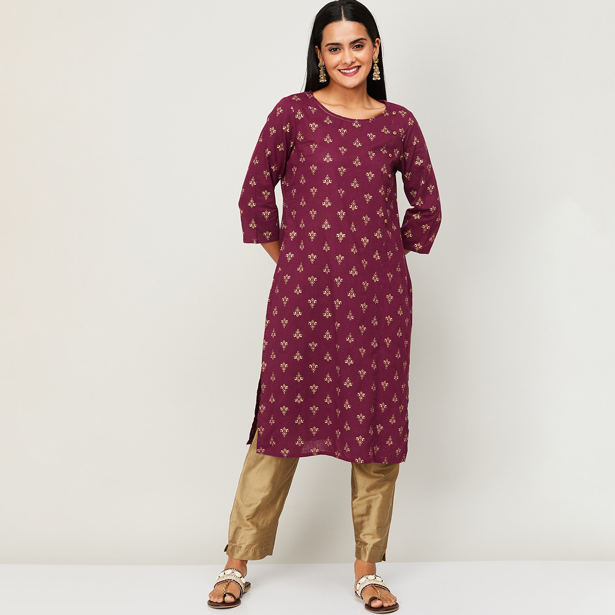 كورتا من ميلانج للنساء مطبوع برقبة مستديرة من المستقيم مع لون أرجواني-women-clothing-ethnicwear-kurtas-image-1