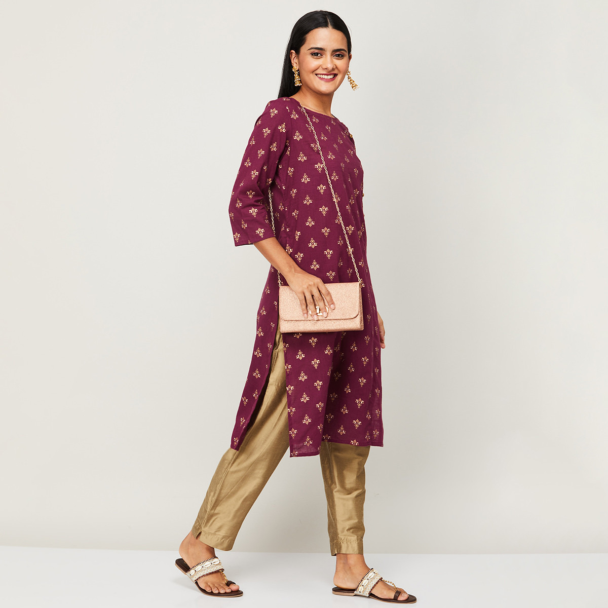 كورتا من ميلانج للنساء مطبوع برقبة مستديرة من المستقيم مع لون أرجواني-women-clothing-ethnicwear-kurtas-image-2
