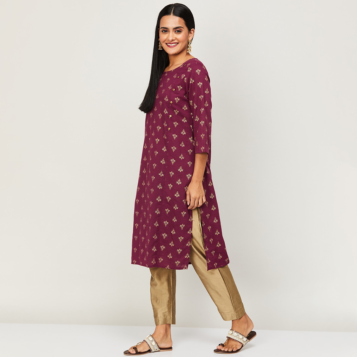 كورتا من ميلانج للنساء مطبوع برقبة مستديرة من المستقيم مع لون أرجواني-women-clothing-ethnicwear-kurtas-image-3