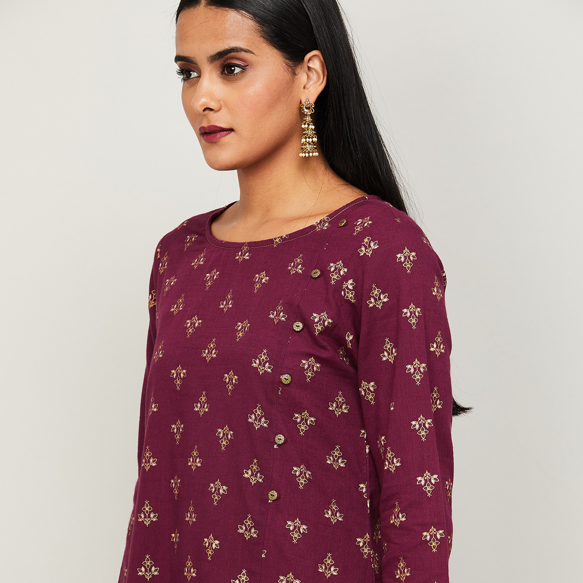 كورتا من ميلانج للنساء مطبوع برقبة مستديرة من المستقيم مع لون أرجواني-women-clothing-ethnicwear-kurtas-image-5