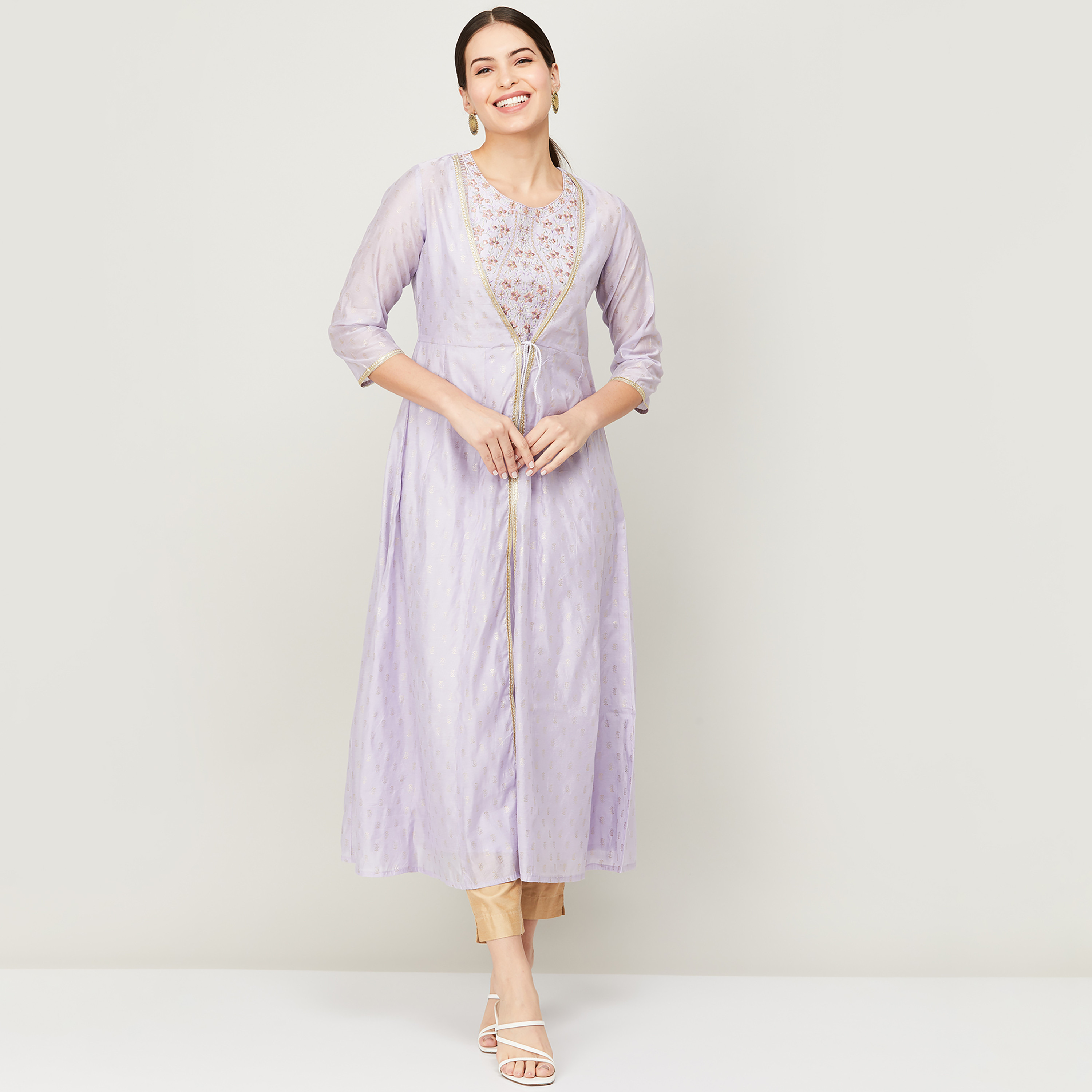 كورتا مستقيم من ميلانج نسائي أرجواني مطرز بدون أكمام مع جاكيت طويل مطبوع-women-clothing-ethnicwear-kurtas-image-1