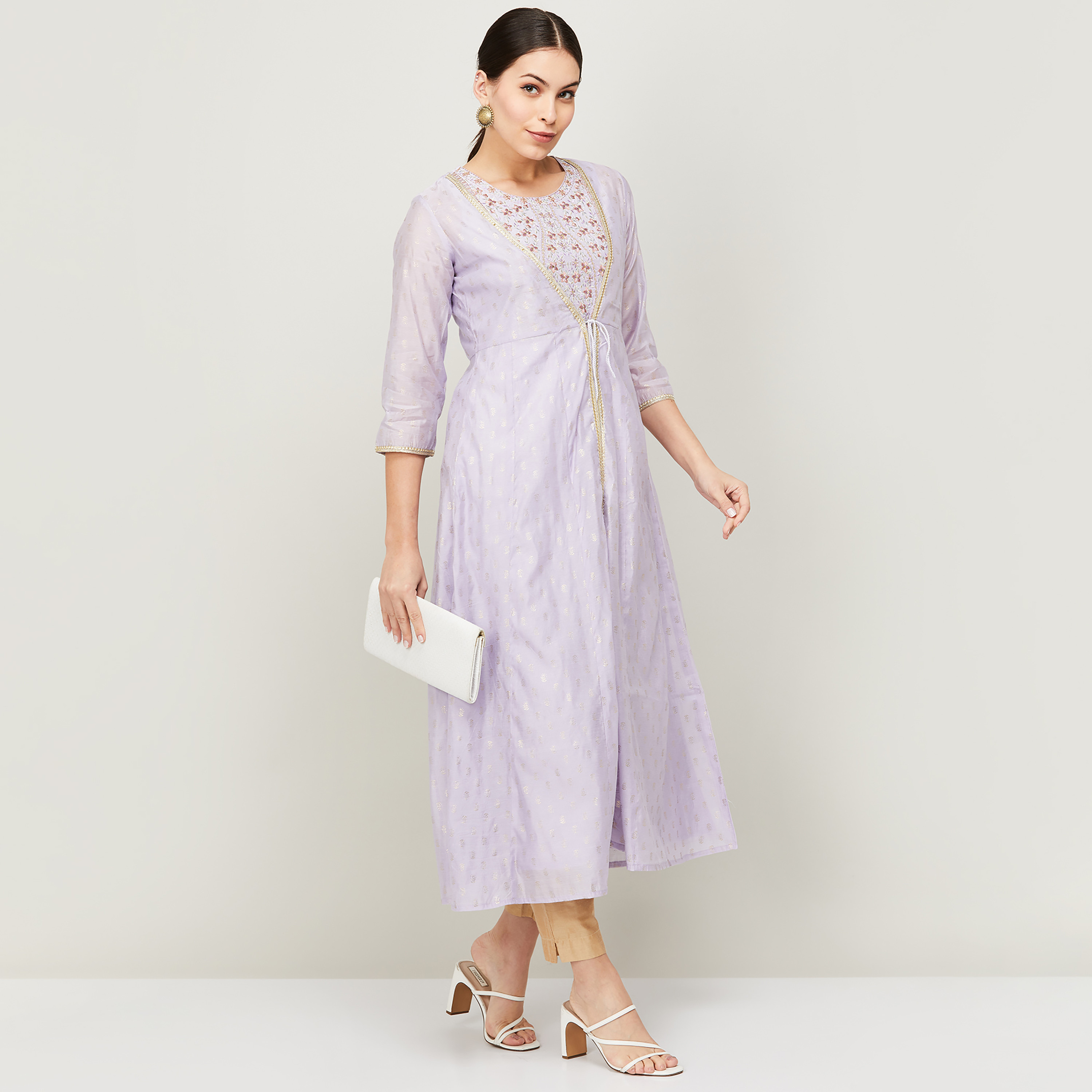 كورتا مستقيم من ميلانج نسائي أرجواني مطرز بدون أكمام مع جاكيت طويل مطبوع-women-clothing-ethnicwear-kurtas-image-2
