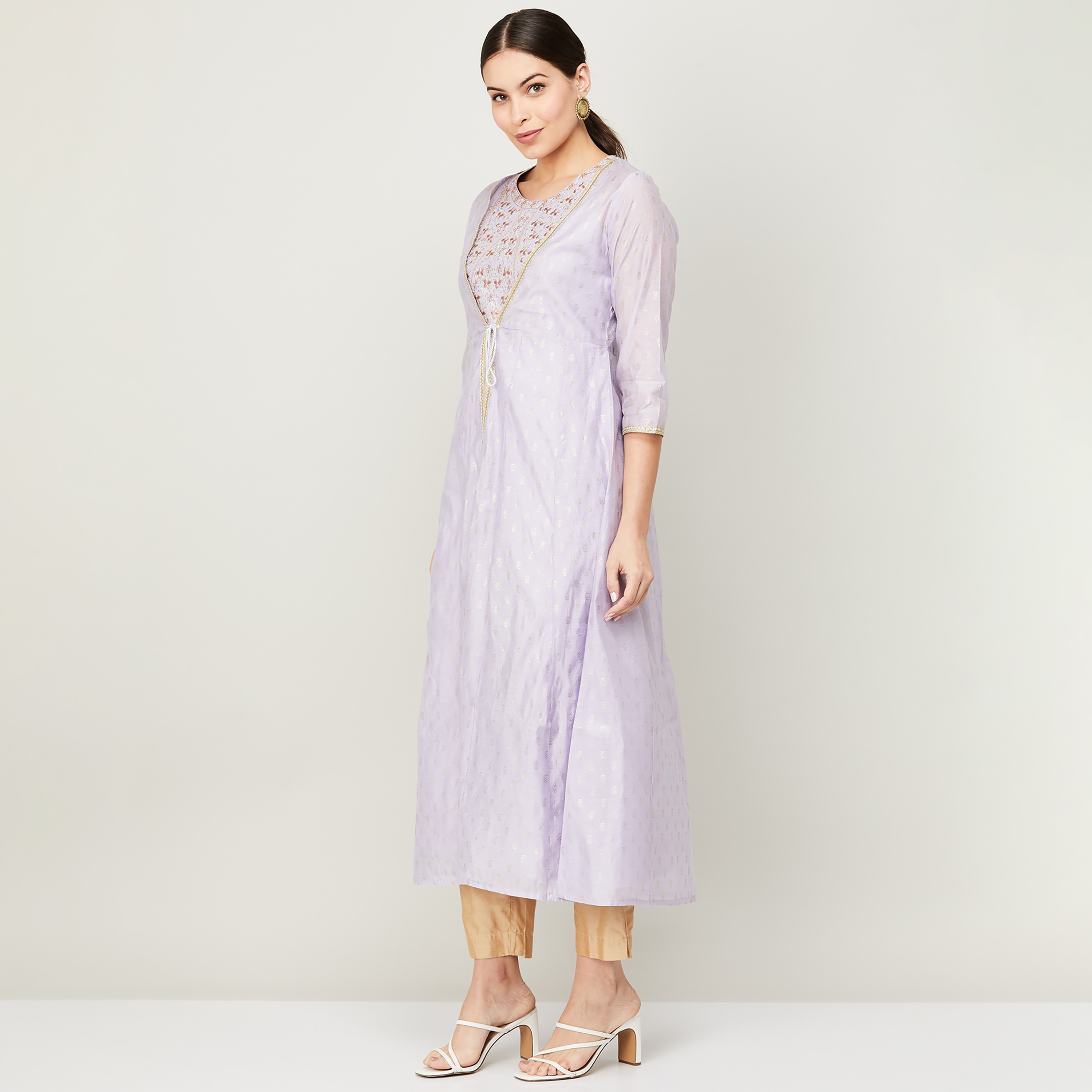 كورتا مستقيم من ميلانج نسائي أرجواني مطرز بدون أكمام مع جاكيت طويل مطبوع-women-clothing-ethnicwear-kurtas-image-3
