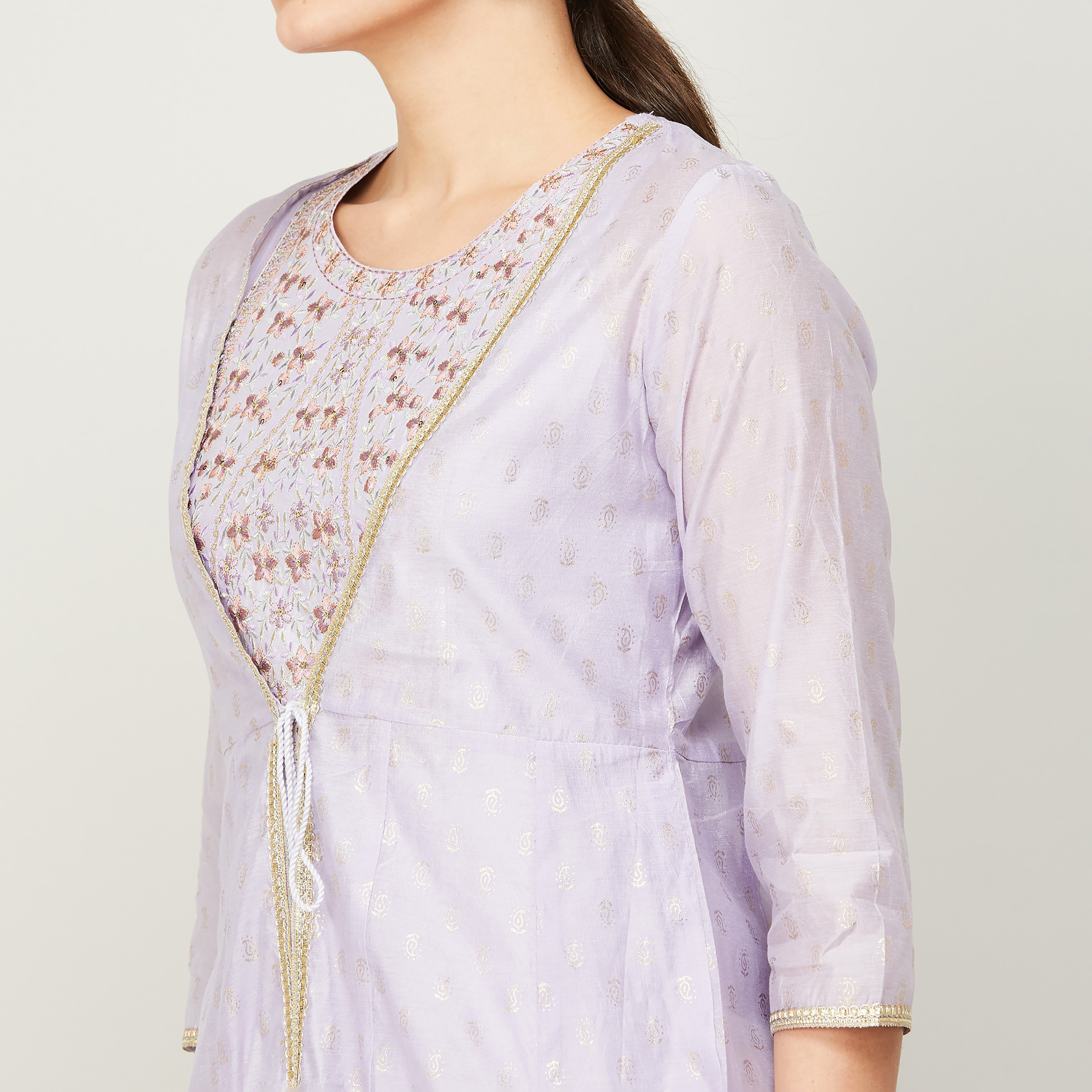 كورتا مستقيم من ميلانج نسائي أرجواني مطرز بدون أكمام مع جاكيت طويل مطبوع-women-clothing-ethnicwear-kurtas-image-4