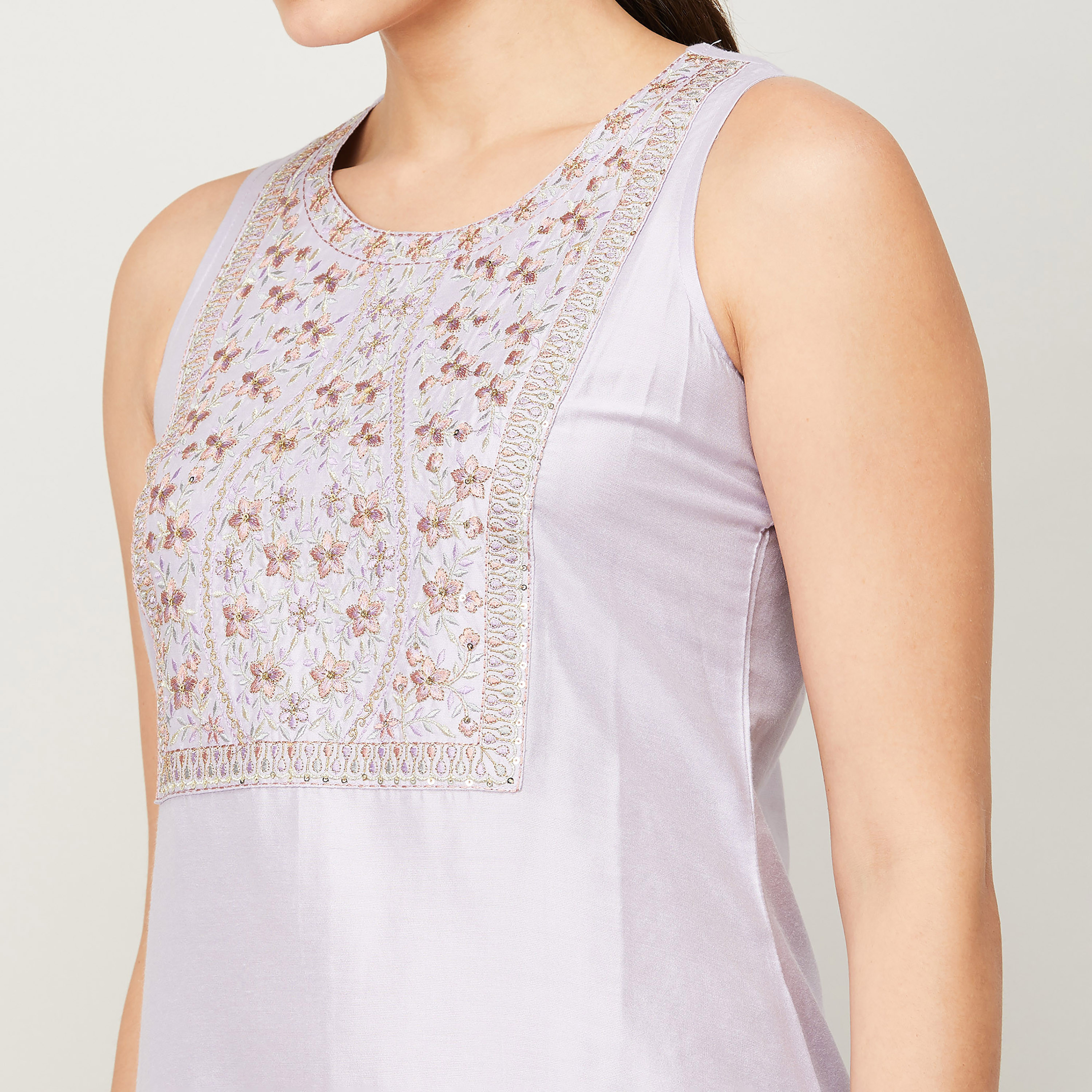 كورتا مستقيم من ميلانج نسائي أرجواني مطرز بدون أكمام مع جاكيت طويل مطبوع-women-clothing-ethnicwear-kurtas-image-5