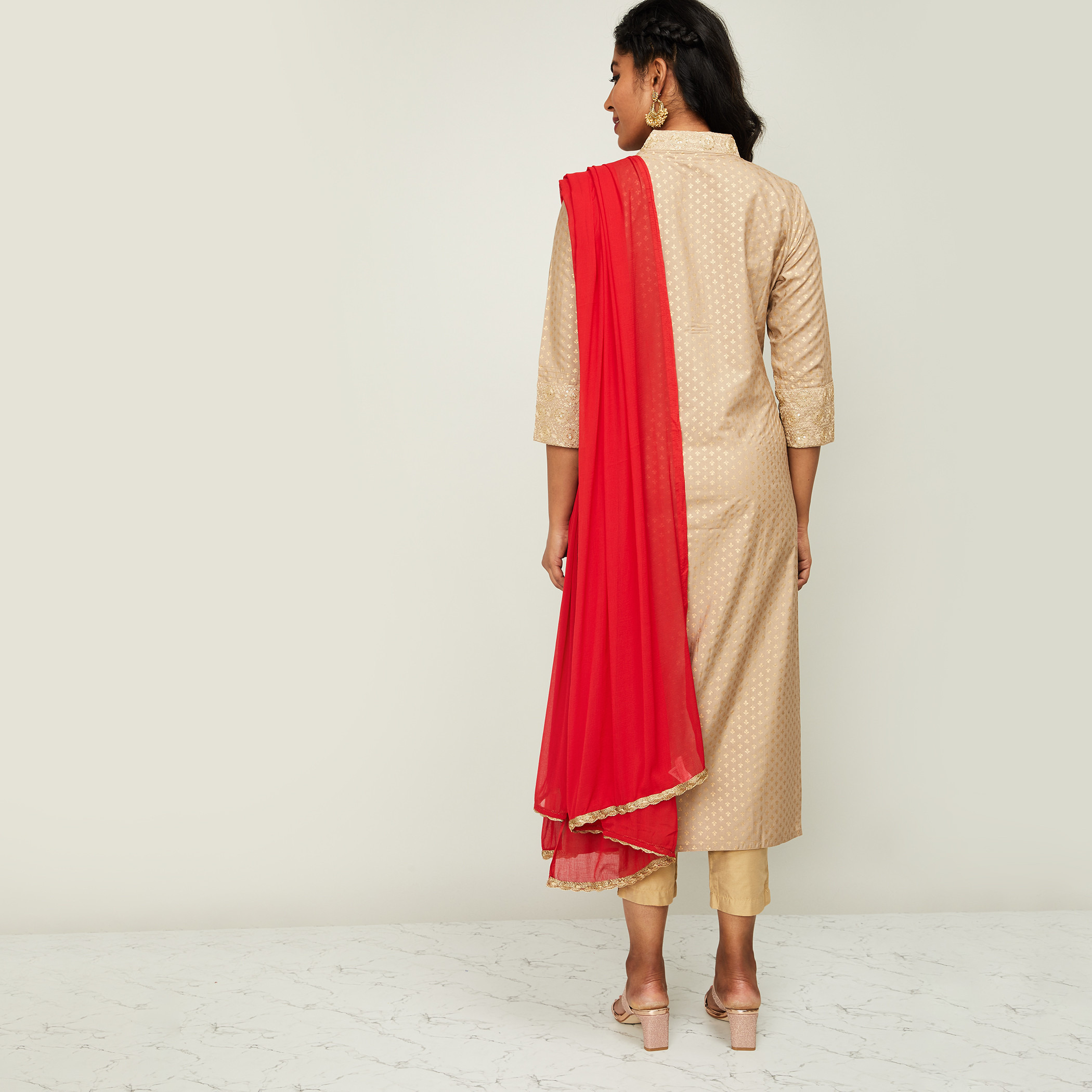 طقم بدلة سالوار تقليدية 3 قطع مزيّنة بأكمام 3/4 من ميلانج-women-clothing-ethnicwear-salwarsuits-image-2