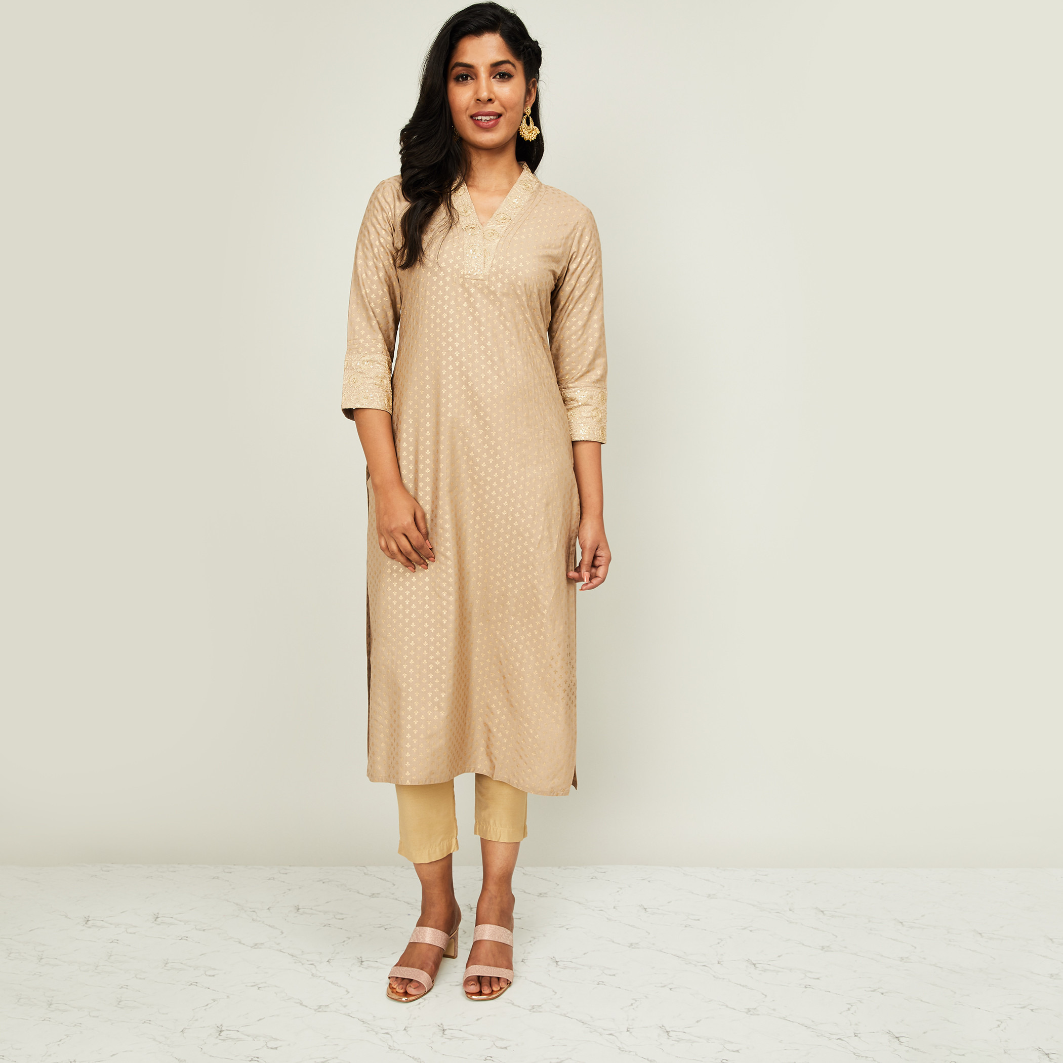 طقم بدلة سالوار تقليدية 3 قطع مزيّنة بأكمام 3/4 من ميلانج-women-clothing-ethnicwear-salwarsuits-image-4