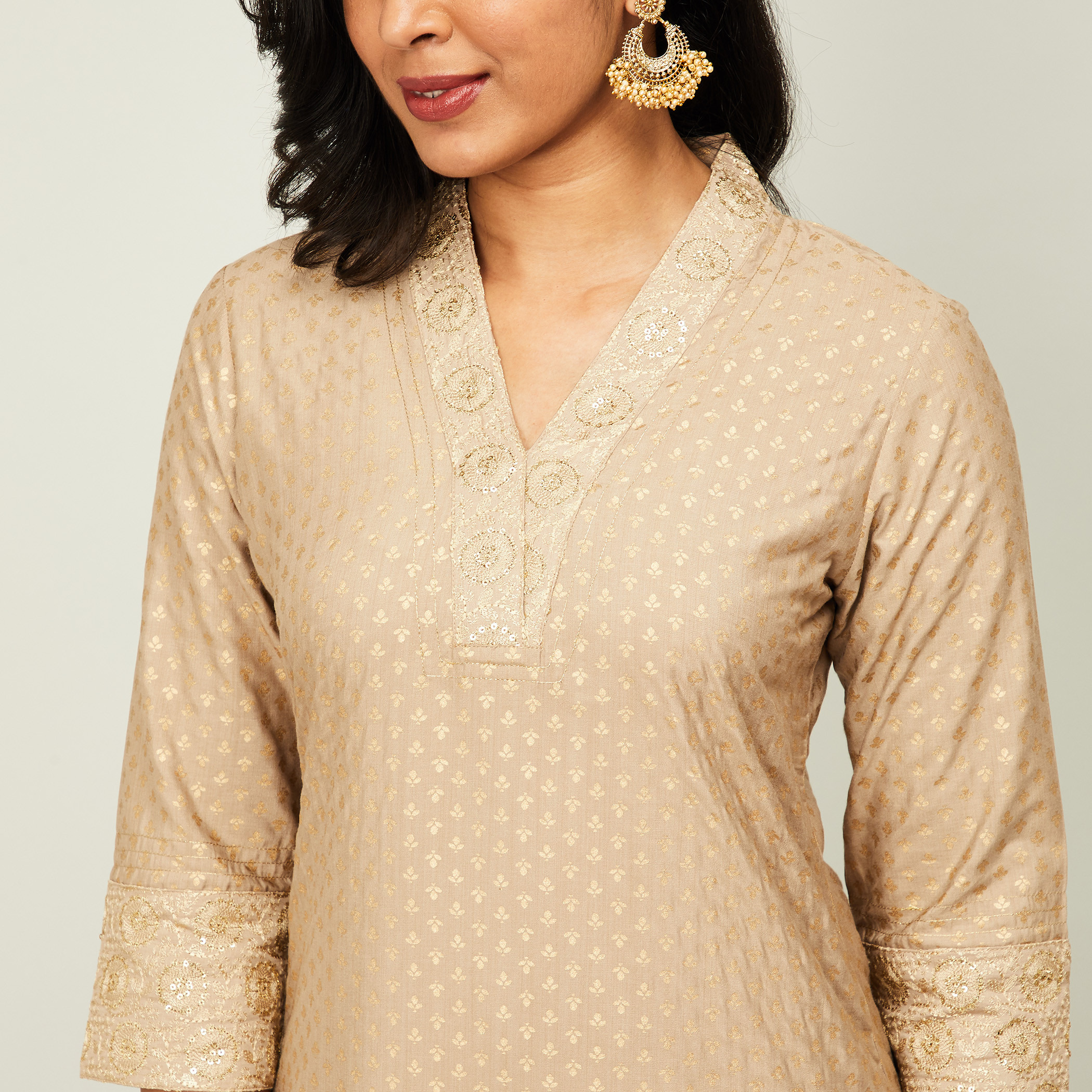 طقم بدلة سالوار تقليدية 3 قطع مزيّنة بأكمام 3/4 من ميلانج-women-clothing-ethnicwear-salwarsuits-image-5