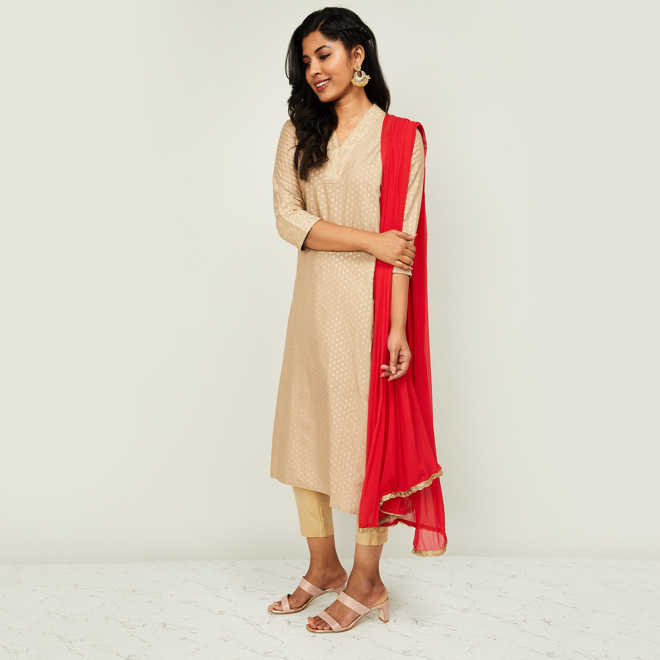 طقم بدلة سالوار تقليدية 3 قطع مزيّنة بأكمام 3/4 من ميلانج-women-clothing-ethnicwear-salwarsuits-image-9