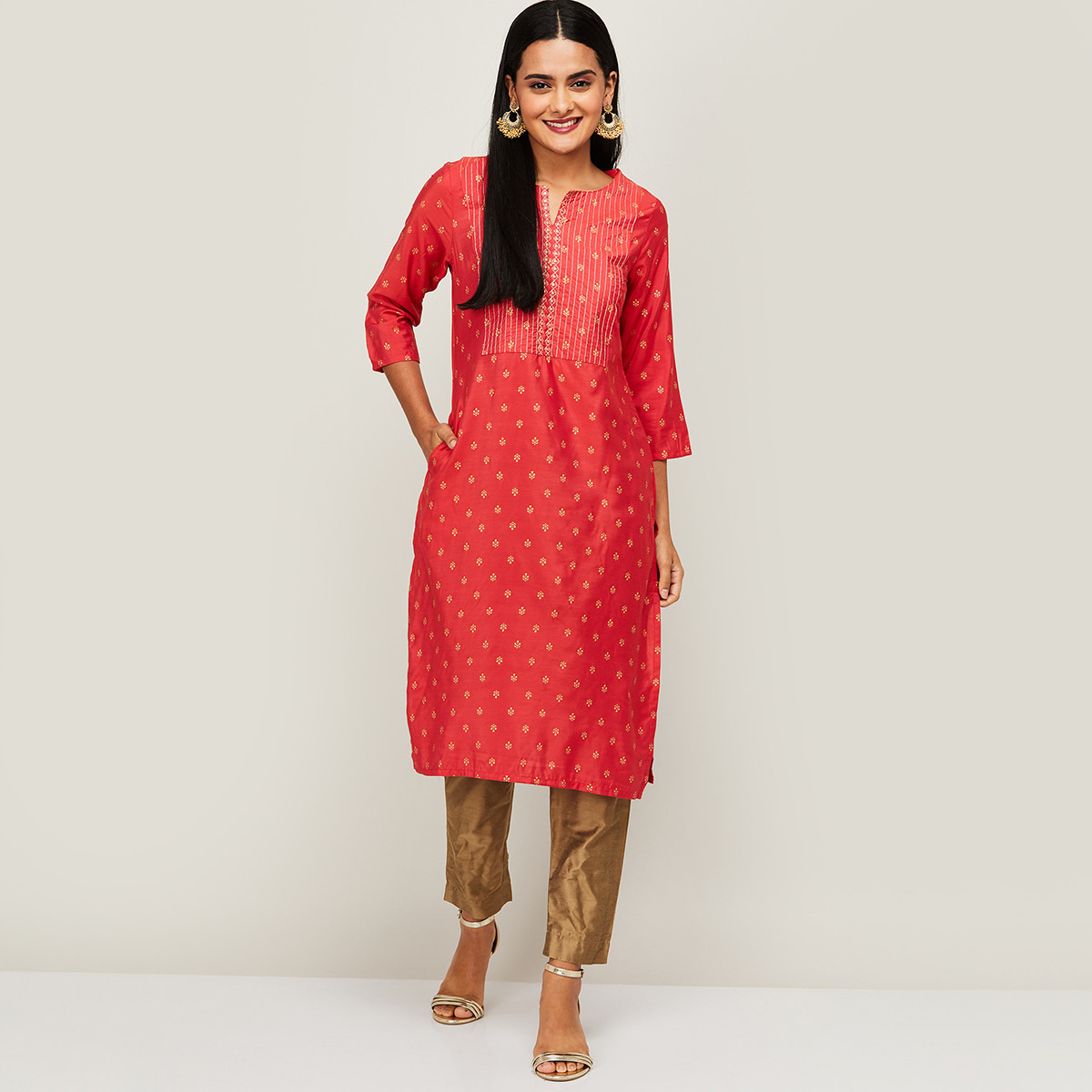 كورتا من ميلانج بياقة مدببة مطبوعة باللون المرجاني للنساء مع جيوب جانبية-women-clothing-ethnicwear-kurtas-image-1
