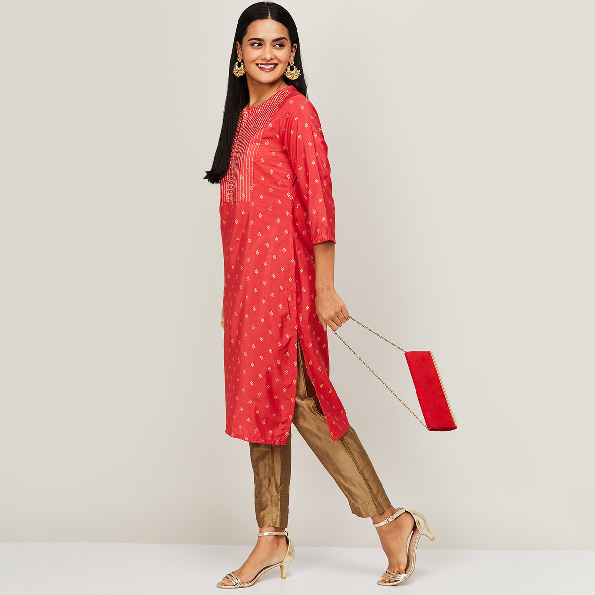 كورتا من ميلانج بياقة مدببة مطبوعة باللون المرجاني للنساء مع جيوب جانبية-women-clothing-ethnicwear-kurtas-image-2